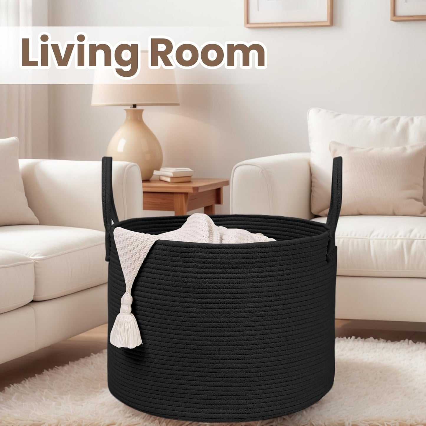 Woven Blanket Basket,115L Large Rope Storage Bin with Handles, Organizer for Blankets Toys Book and