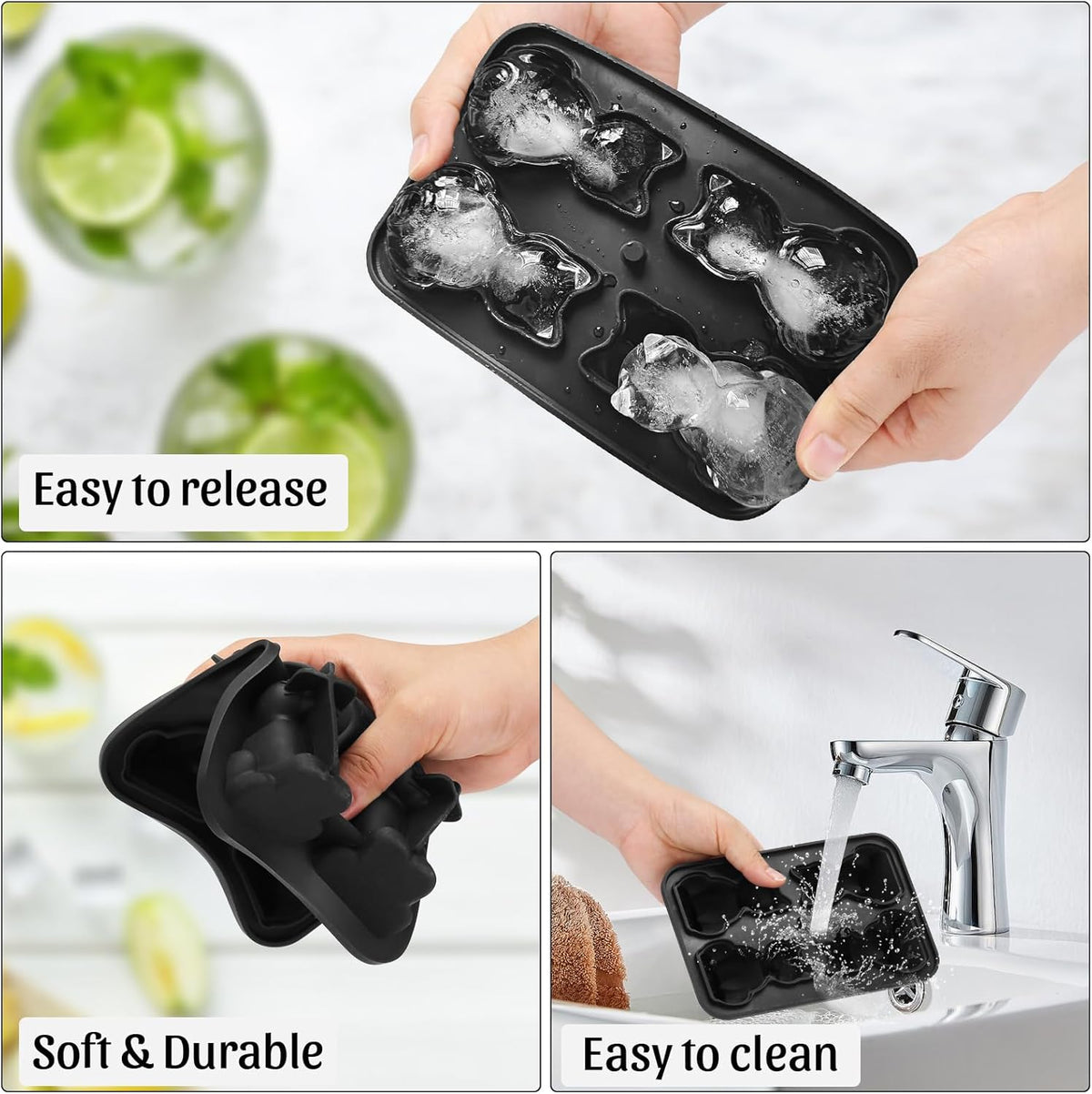 Silicone Ice Cube Tray,Cat 3D Large Ice Cube Molds for Whiskey,Cocktails,Wine,Juice and Bourbon,4