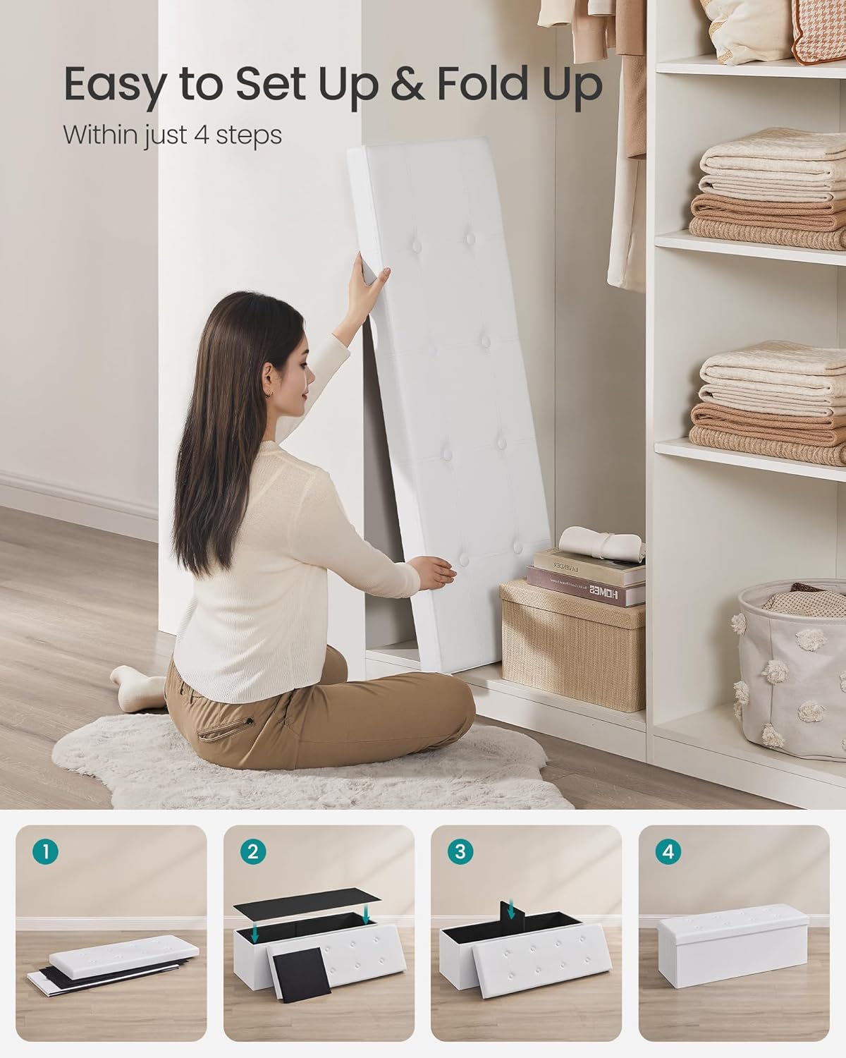 SONGMICS MAZIE Collection - 43 Inches Folding Storage Ottoman Bench, Ottoman with Storage, Foot