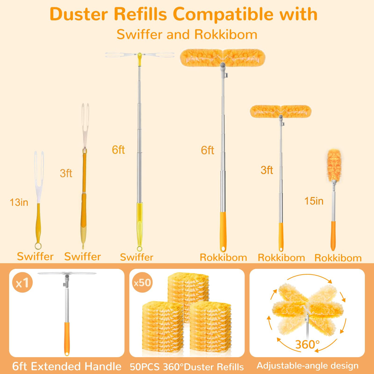 6 ft Extendable Duster Handle with 50 Refills, Compatible with Swiffer