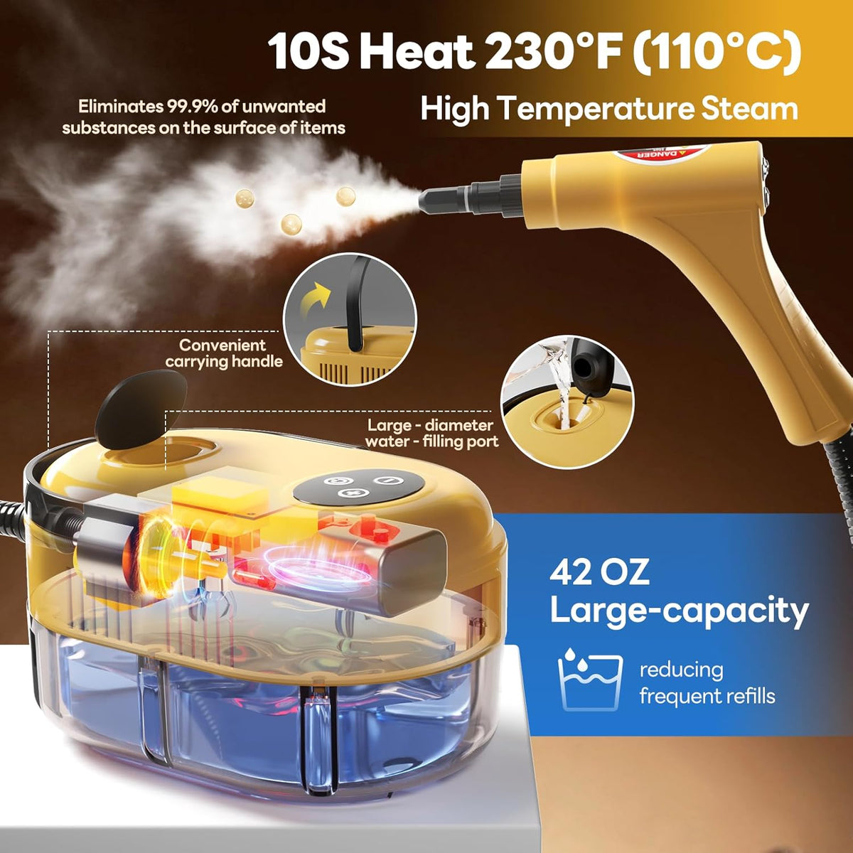 Handheld Steam Cleaner, 10s Fast Handheld Heating Steamer for Cleaning 15-in-1 High Pressure Steam