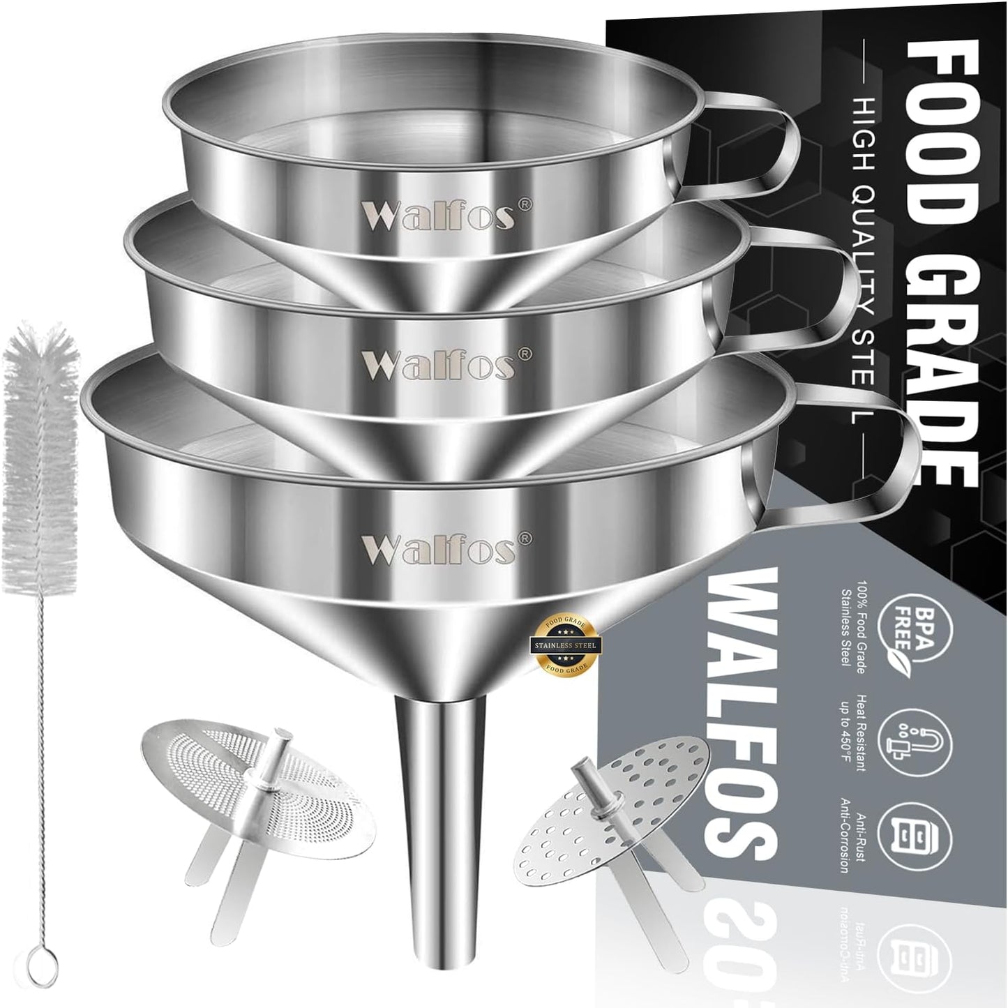 Stainless Steel Funnel, Walfos 3 Pack Kitchen Funnel with 2 Removable Strainer ＆ 1Pcs Cleaning