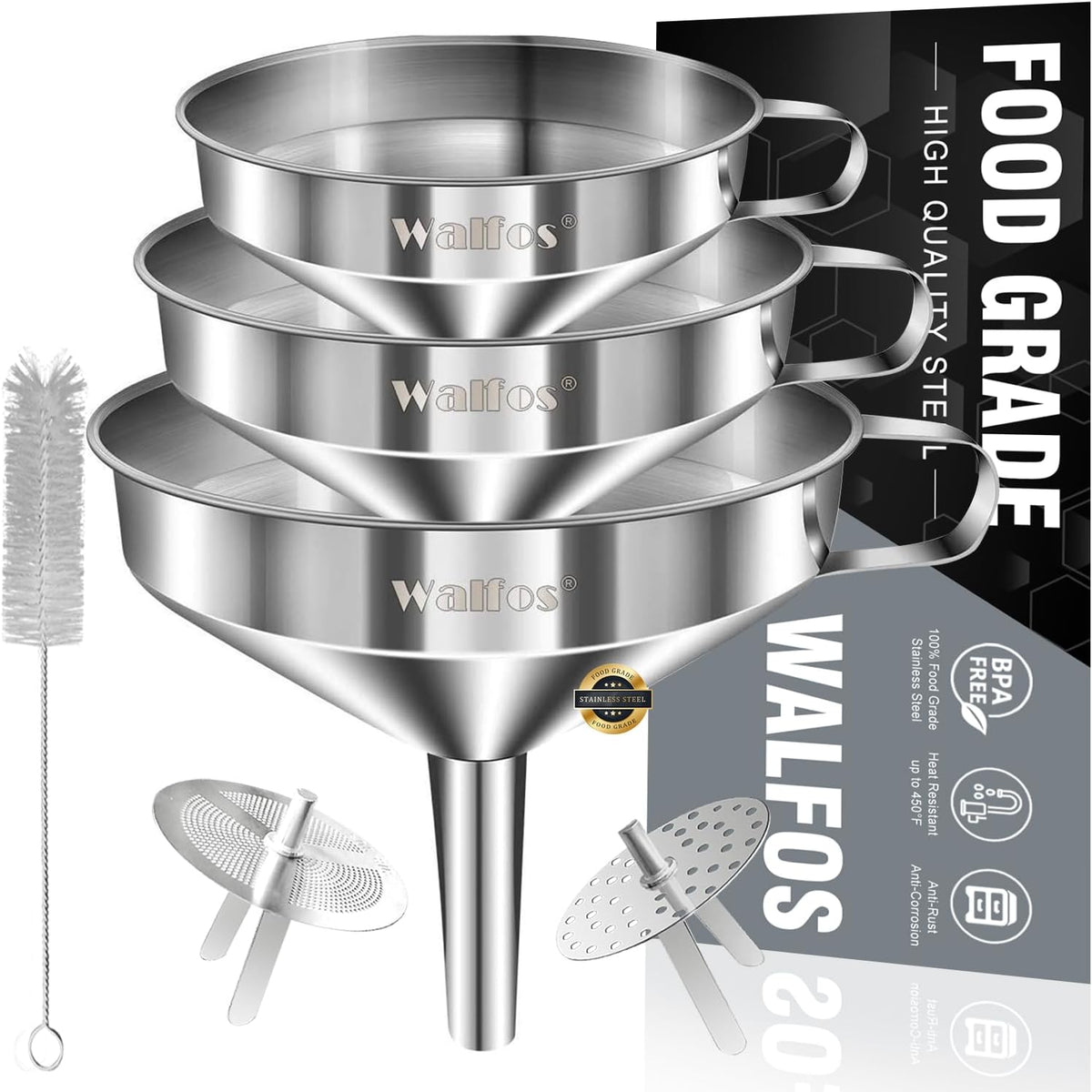Stainless Steel Funnel, Walfos 3 Pack Kitchen Funnel with 2 Removable Strainer ＆ 1Pcs Cleaning