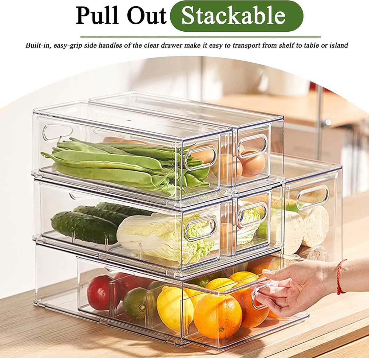 bealy Stackable Clear Storage Drawer with 3 Dividers for Pantry Shelf, Fridge Organizer for Fruit