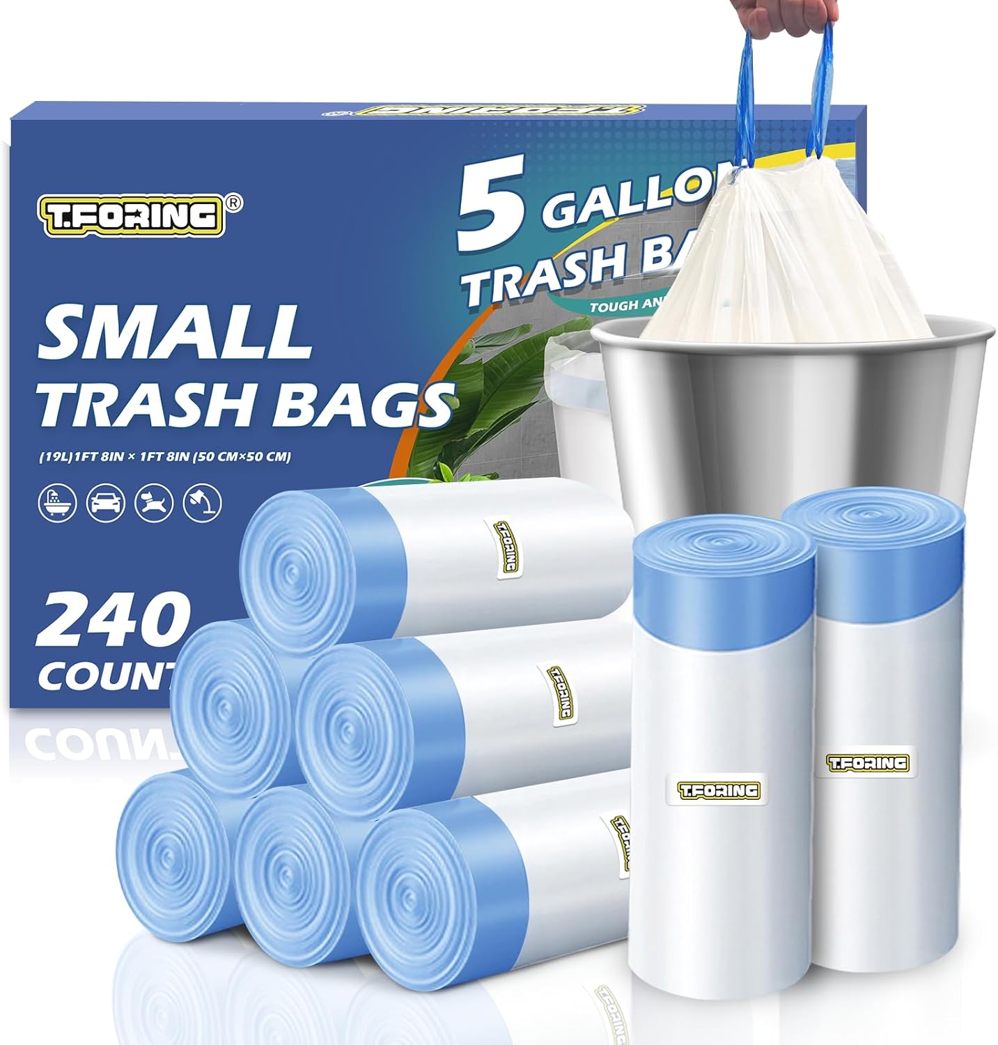 240 Count 5 Gallon Trash Bags Drawstring 1.1 Mil - 18 Liter Small Garbage Bags for Bathroom, Strong