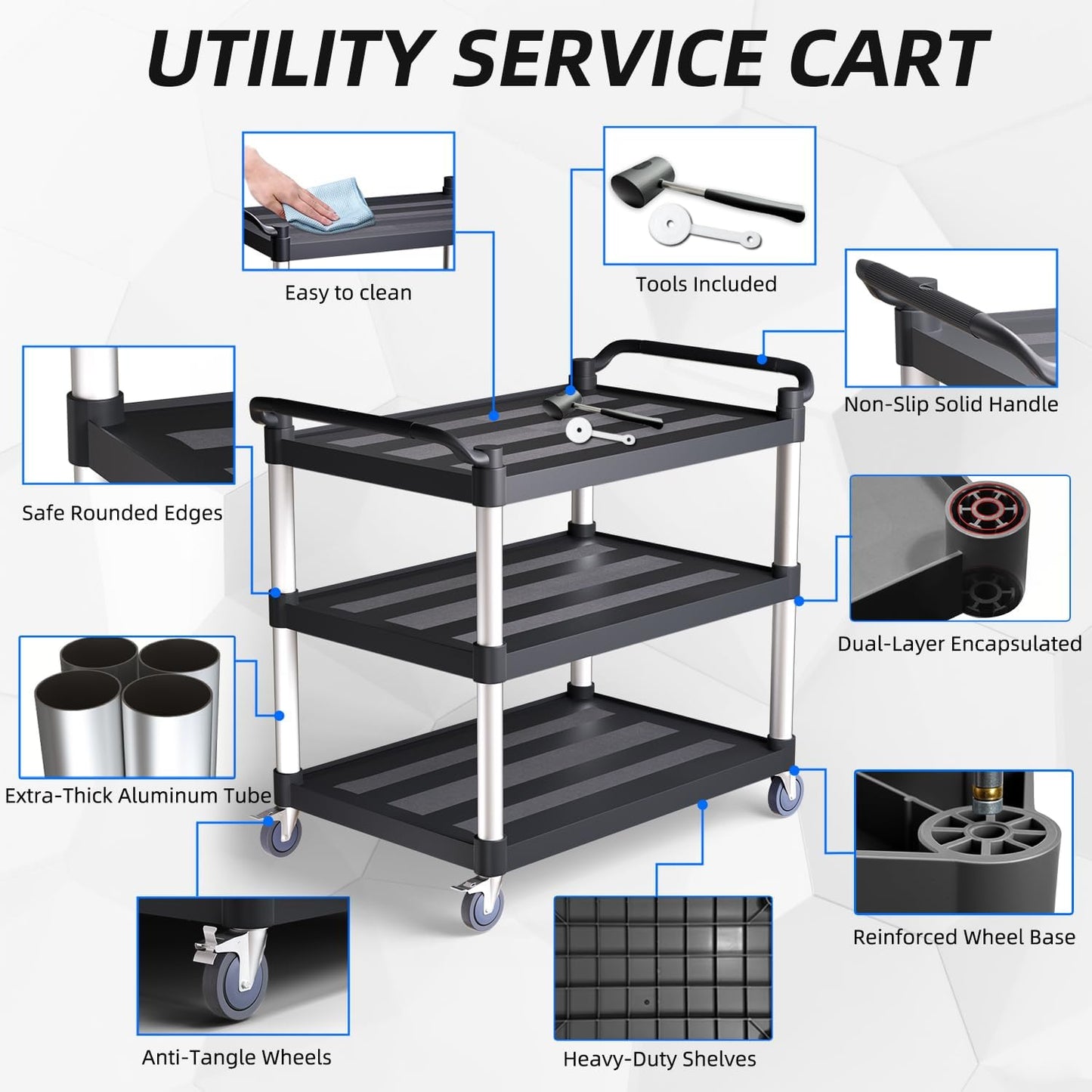 Plastic Utility Cart with Anti-Tangle Wheels, Solid Armrests, 350 Lbs Heavy Duty Capacity, 3-Tier