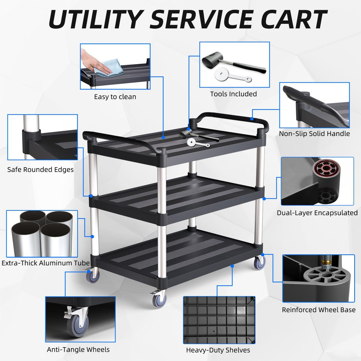 Plastic Utility Cart with Anti-Tangle Wheels, Solid Armrests, 450 Lbs Heavy Duty Capacity, 3-Tier
