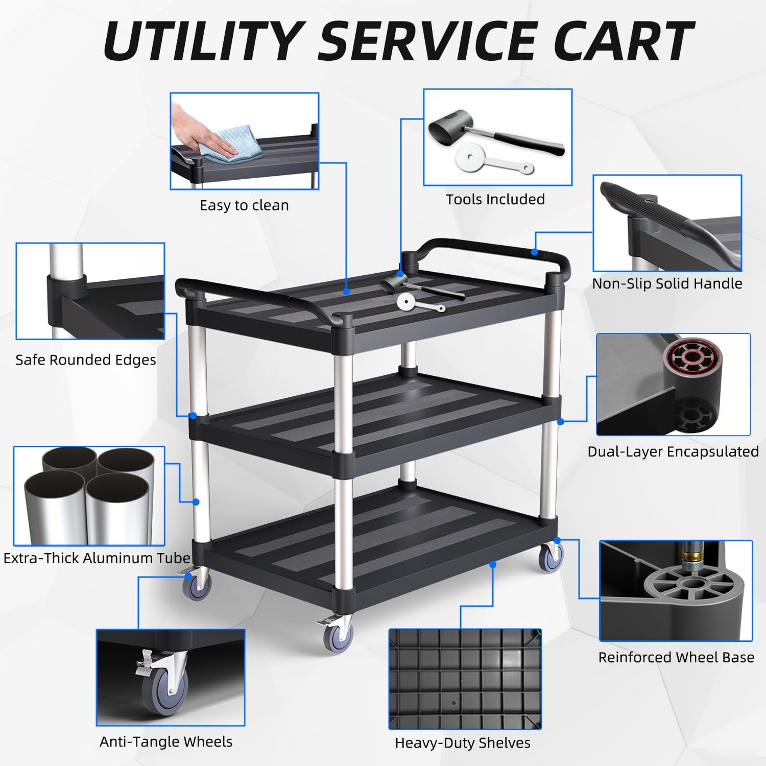 Plastic Utility Cart with Anti-Tangle Wheels, Solid Armrests, 450 Lbs Heavy Duty Capacity, 3-Tier