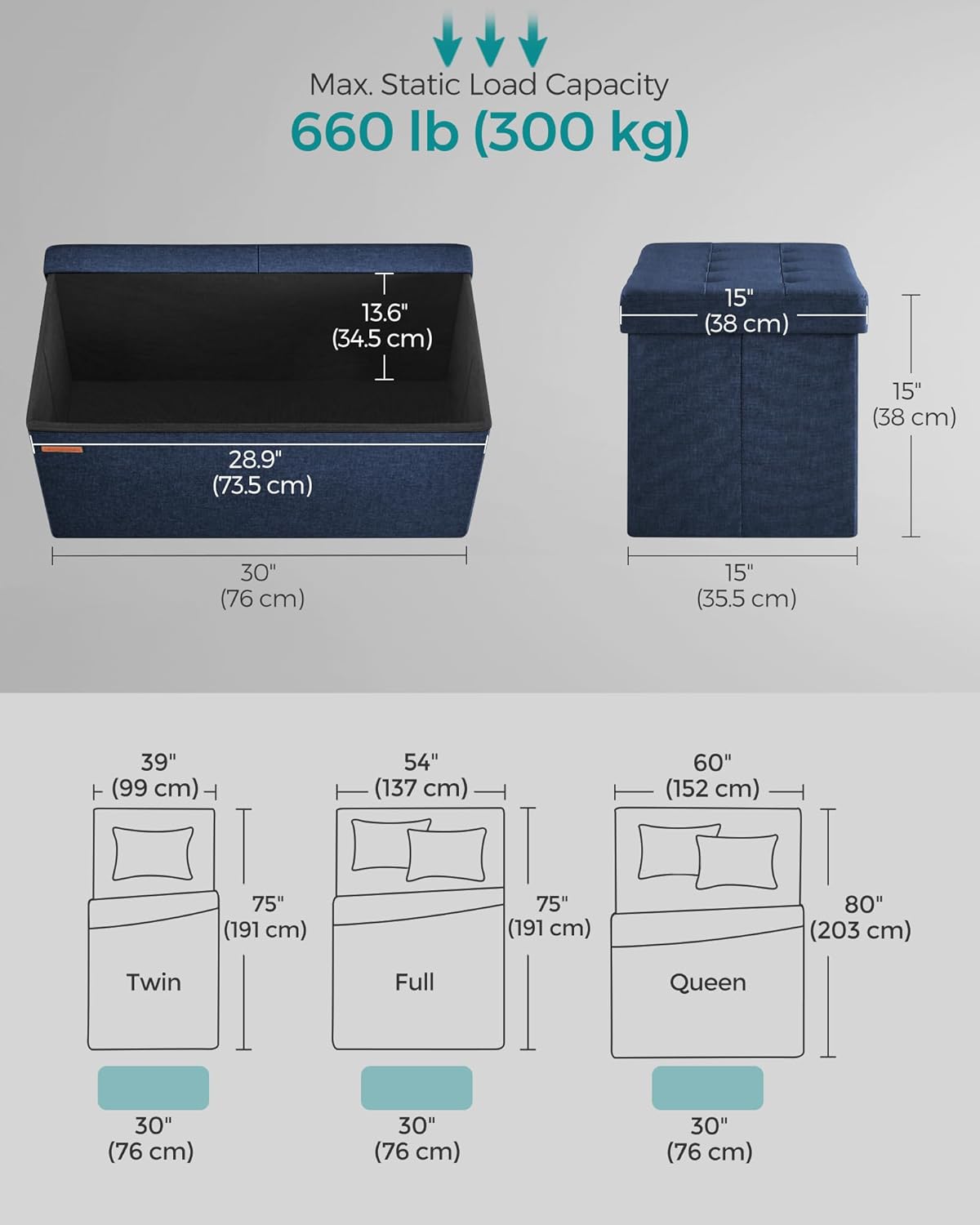 SONGMICS Mazie Collection - 30 Inches Storage Ottoman, Foldable Storage Bench with Flipping Lid