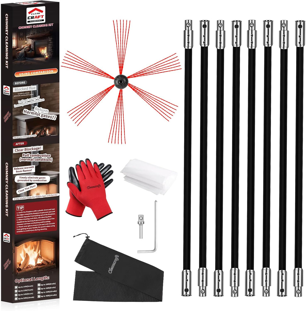 26 Feet Chimney Sweep Kit, Chimney Cleaning Kit with 8 Flexible Black Chimney Rods, Chimney Brush