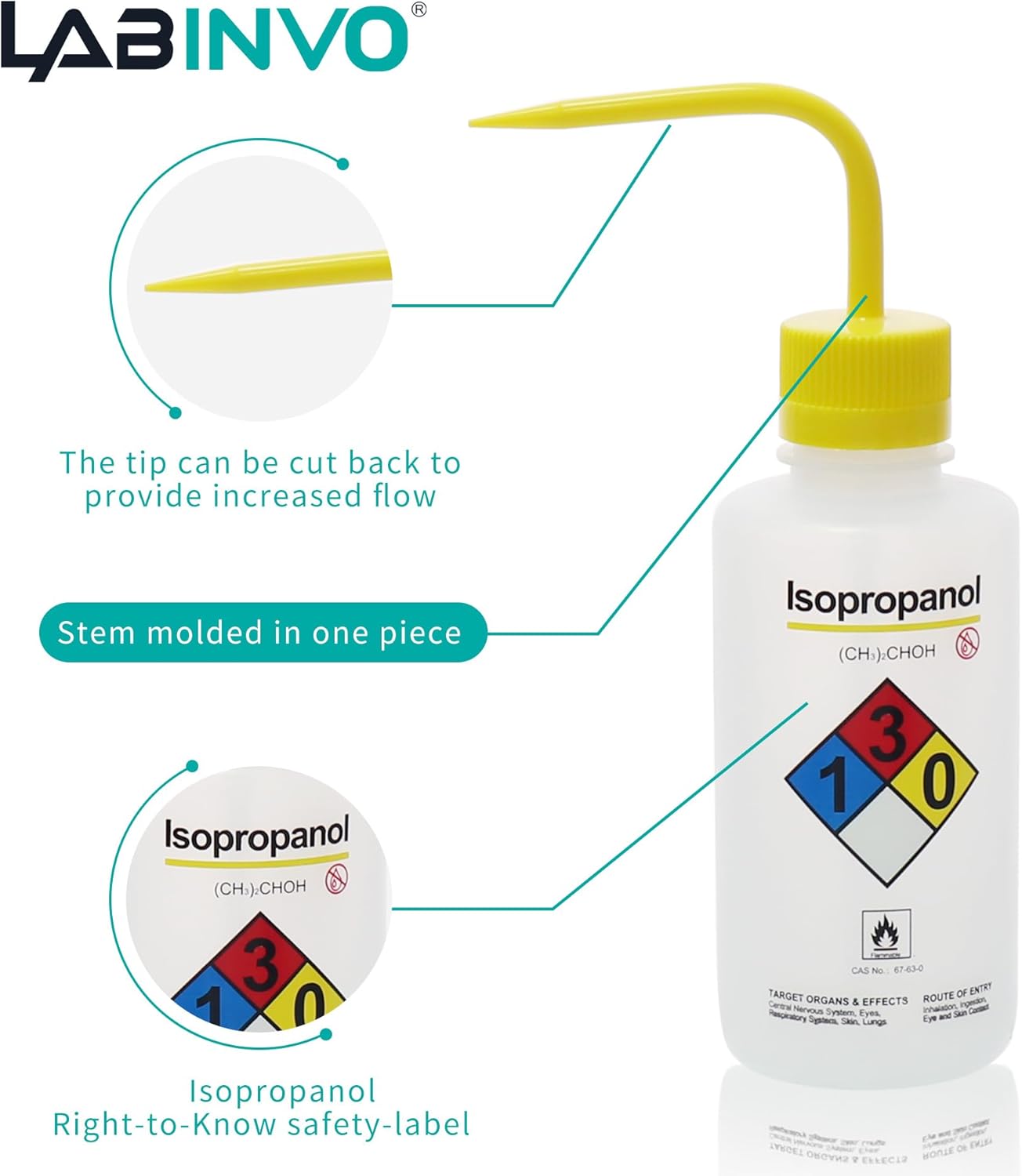 Isopropanol Wash Bottle, 1 PC of Vol.500ml (17oz), Narrow Mouth, Self-Venting Safety Wash Bottles