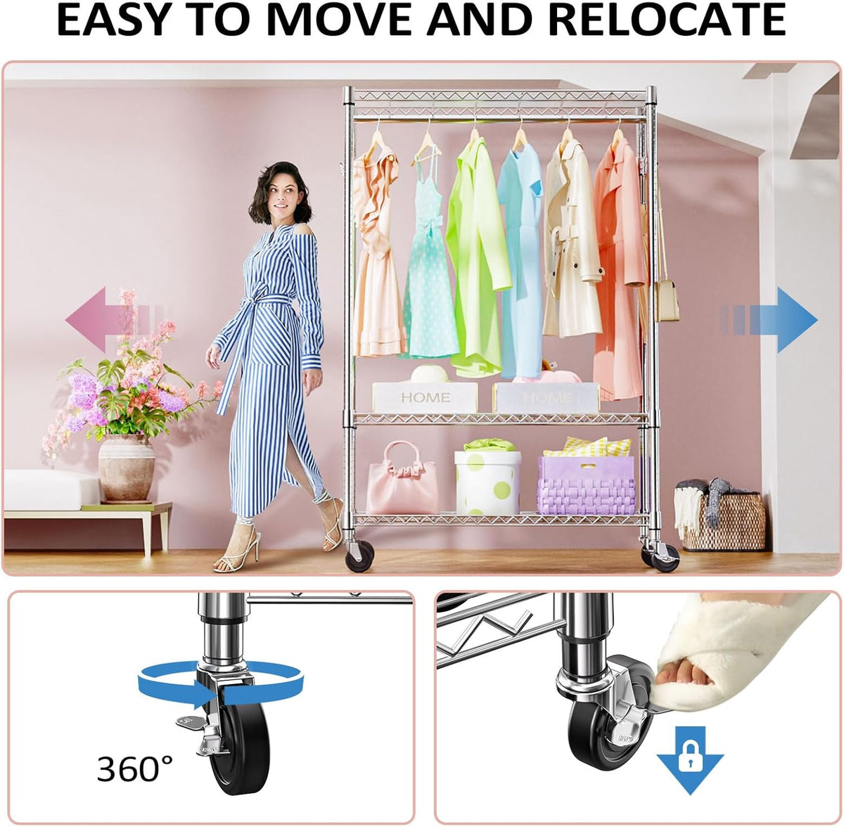IZEUK 3 Tier Heavy Duty Rolling Garment Rack Wire Clothes Rack for Hanging Clothes, Metal