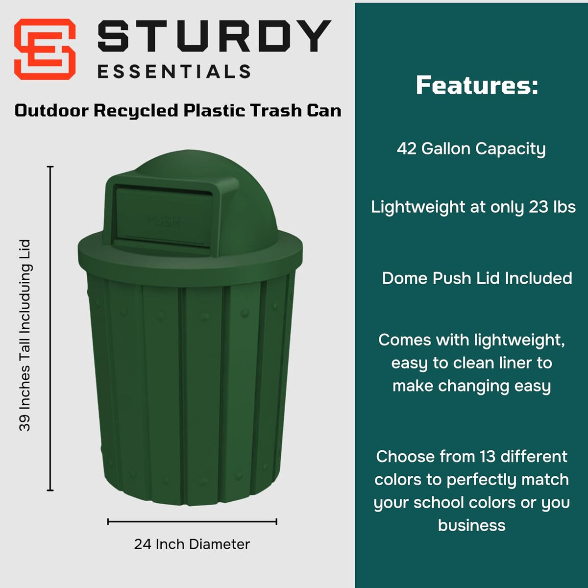 42 Gallon Slatted Circle 100% Recycled Plastic Commercial Outdoor and Indoor Trash Can with Push