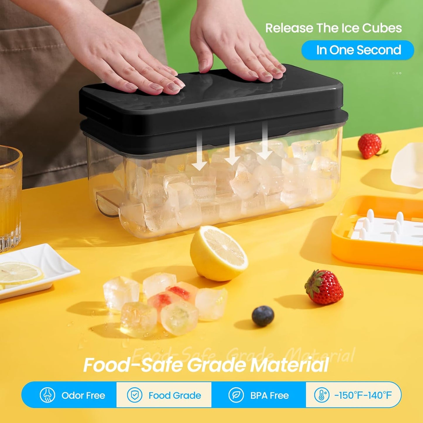 PHINOX Ice Cube Tray with Lid and Bin, 3 Pack Plastic Ice Cube Tray Molds, 96(4*8*3) pcs Ice Trays