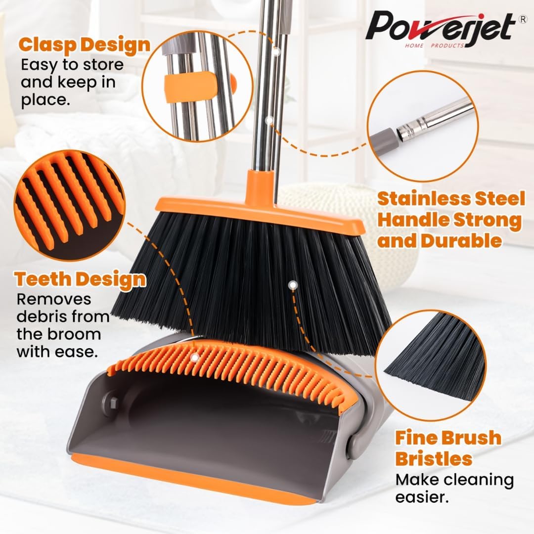 POWERJET Upright Broom & Dustpan Set (420900), Angled Lobby Broom, Exclusive Long Handle Extendable