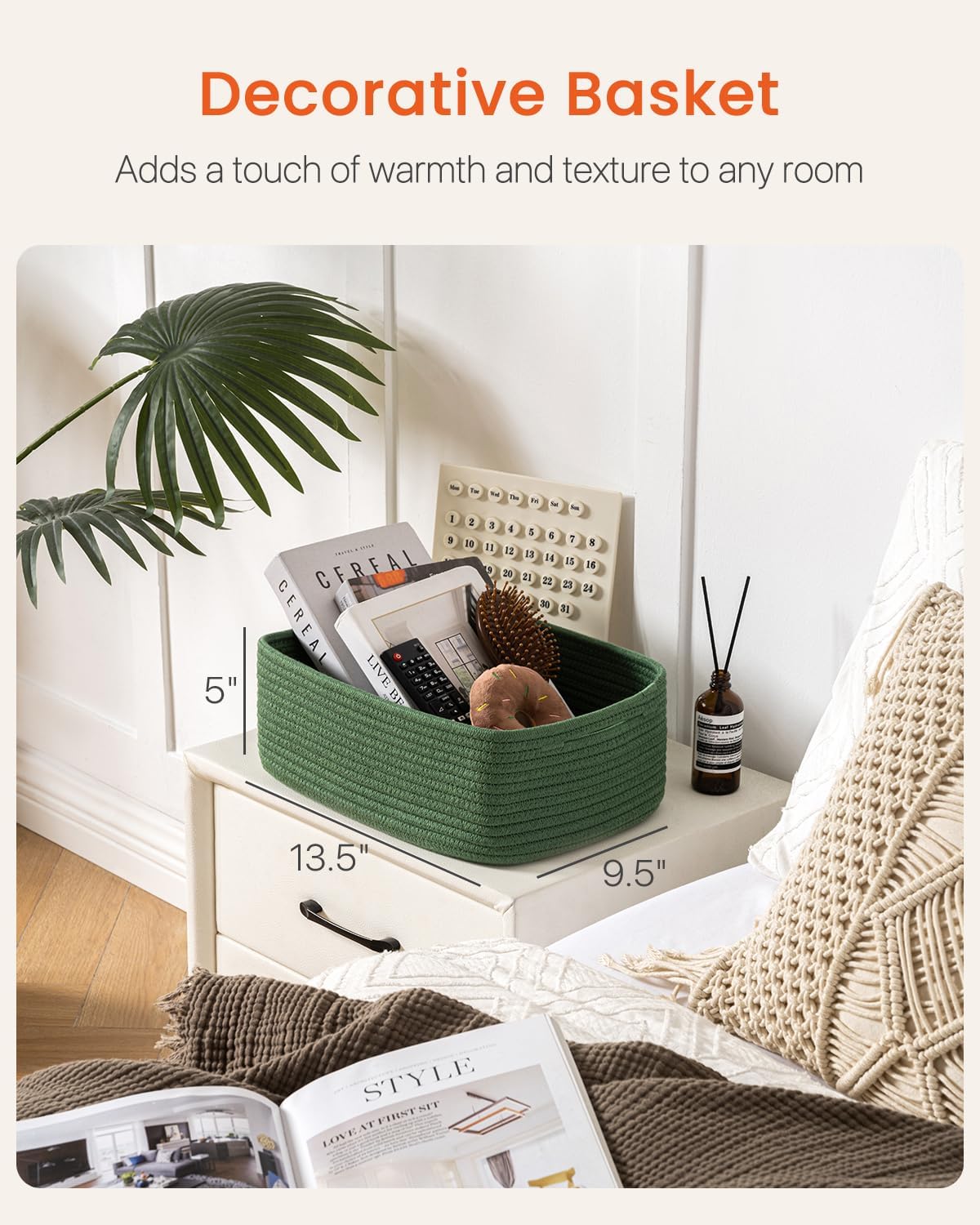 Small Woven Basket, 13.5 x 9.5 x 5 Inches, Storage Basket for Organizing, Cute Small Rope Shelf