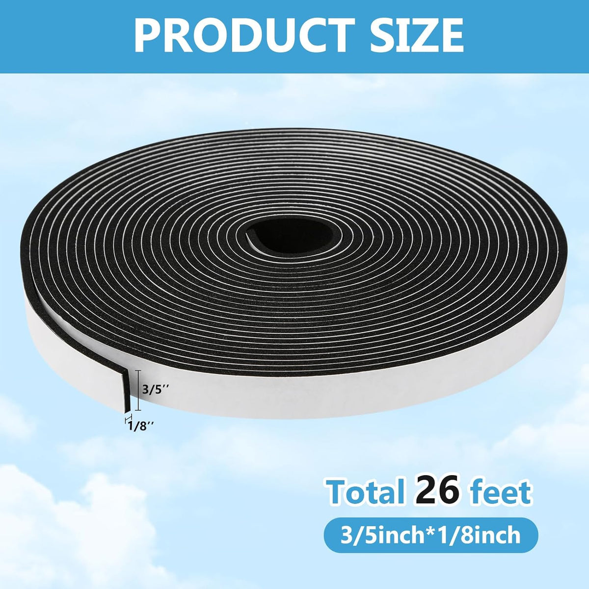 Weather Stripping Door Seal Strip (3/5 Inch X 1/8 Inch X 26Feet), Strong Adhesive, Lightproof