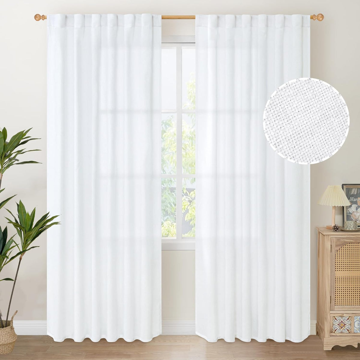 YoungsTex White Linen Curtains 80 Inch Length for Living Room, Light Filtering Semi Sheer Window