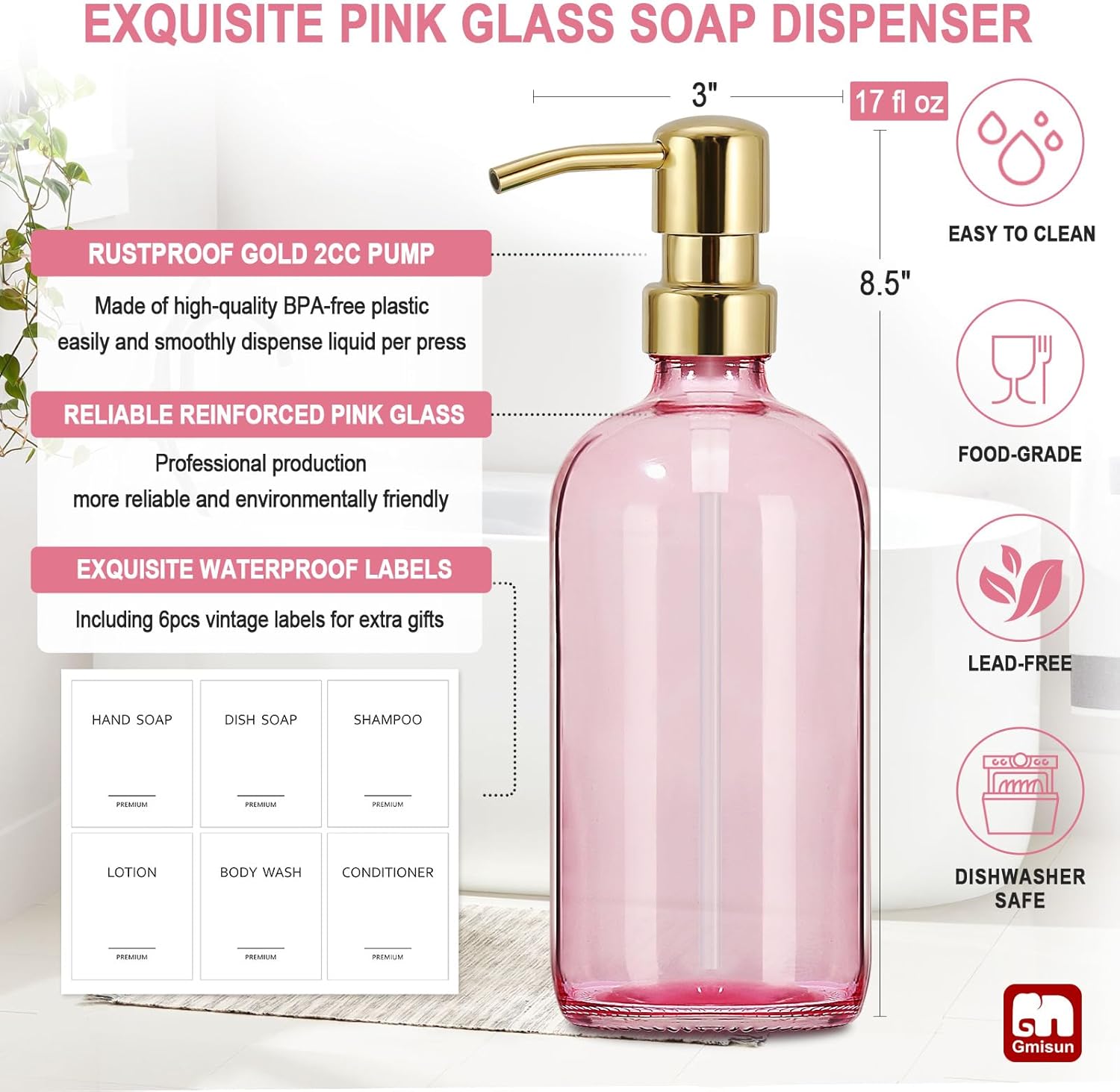 GMISUN Pink Soap Dispenser Bathroom, 2 Pack Kitchen Hand and Dish Soap Dispensers Set, 17 Fl Oz