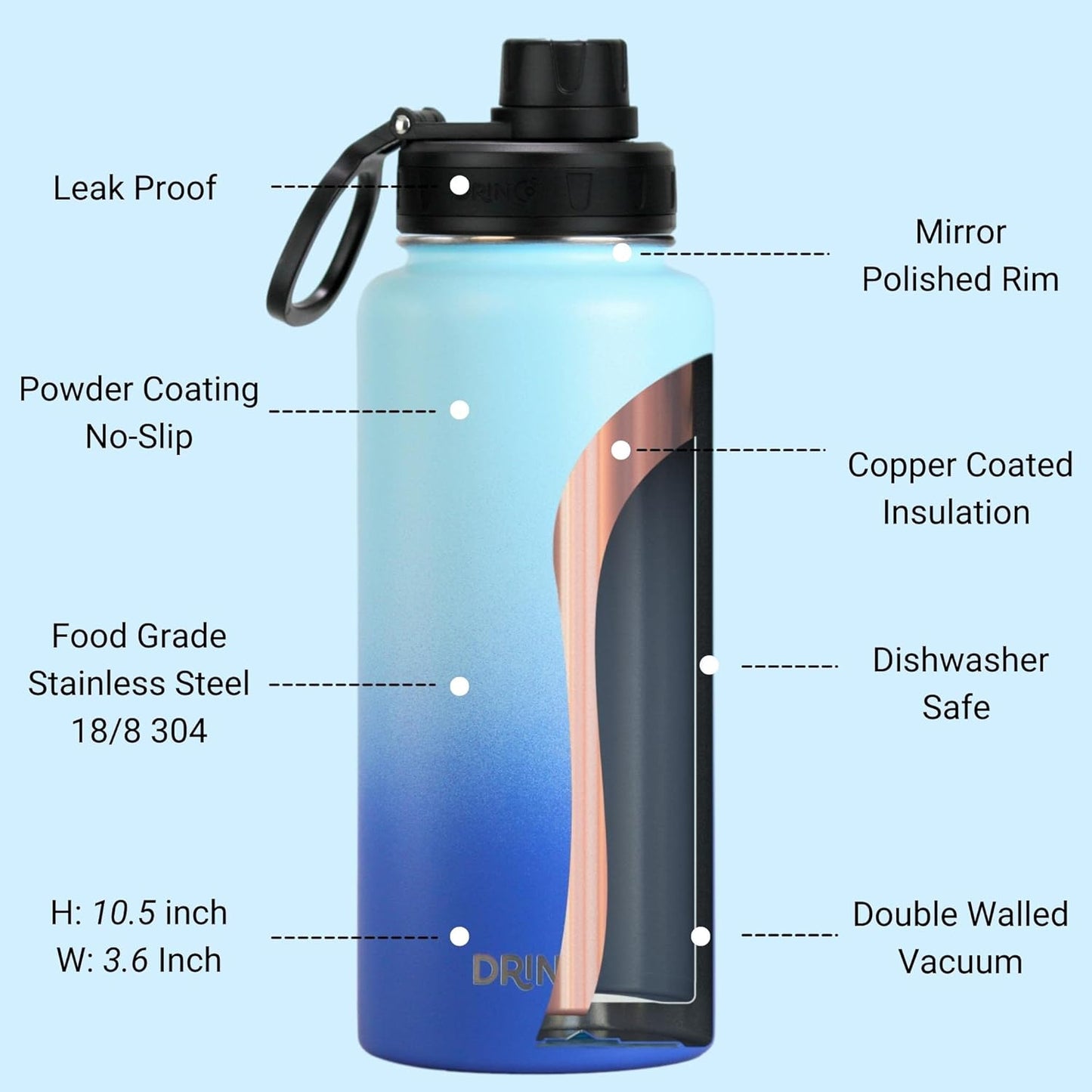 DRINCO Stainless Steel Water Bottle Spout Lid Vacuum Insulated Double Wall Water Bottle Wide Mouth