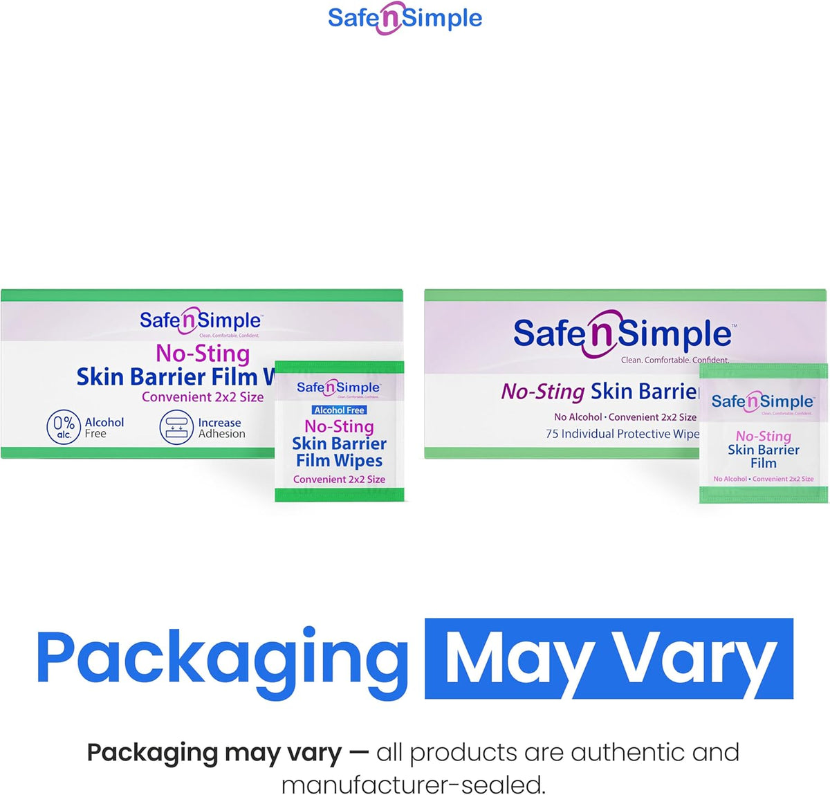 Safe n' Simple No Sting Skin Prep Wipes - 75 Individual 2" x 2" Ostomy Barrier Film Wipes - Skin