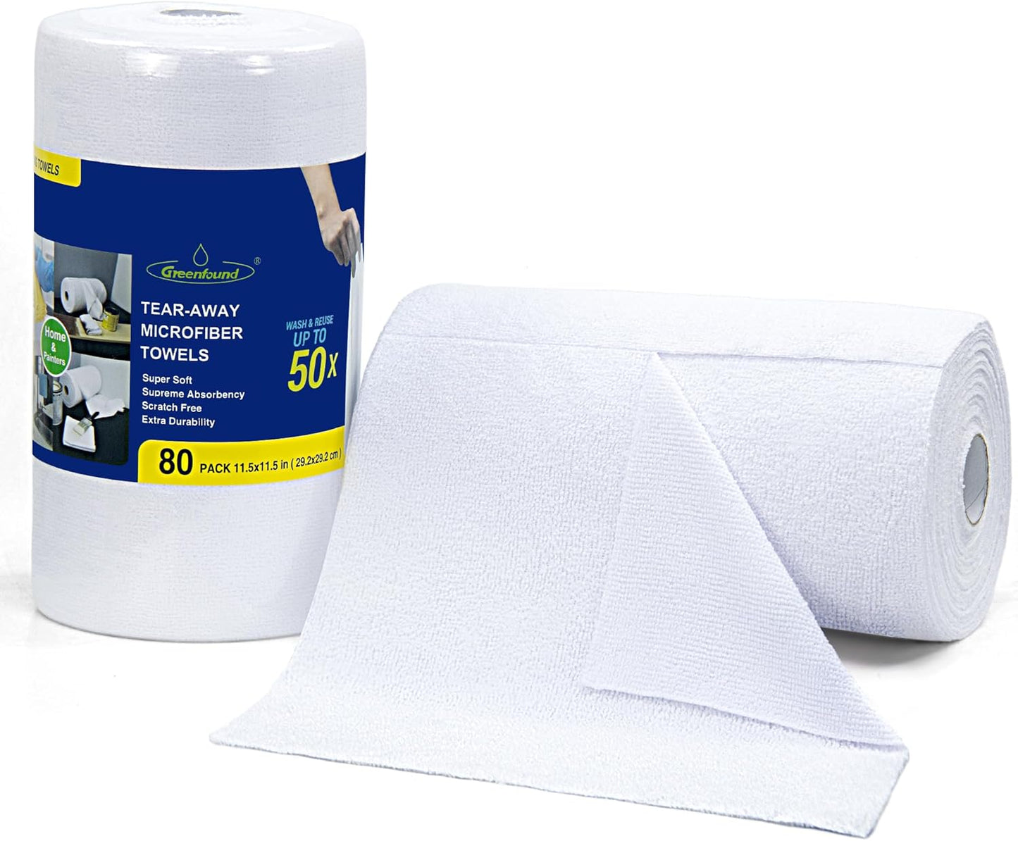 Greenfound Microfiber Cleaning Cloth Roll -80 Pack, 11.5x11.5, Tear Away Towels, Reusable and