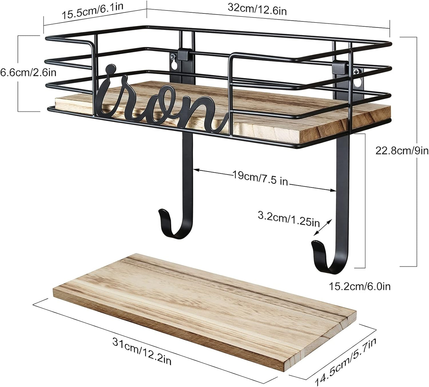 TJ.MOREE Hanger wall mount - Laundry Room Iron and ironing board Holder, Metal with Large Storage