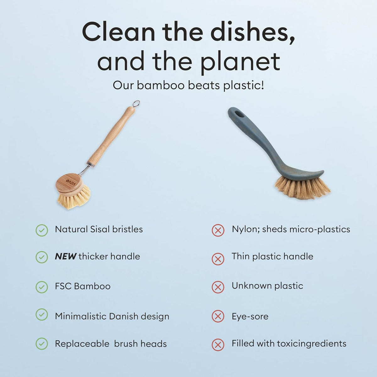 Vove Bamboo Dish Brush, FSC-Certified - Includes 3 Replacement Heads - Natural Fiber Bristles