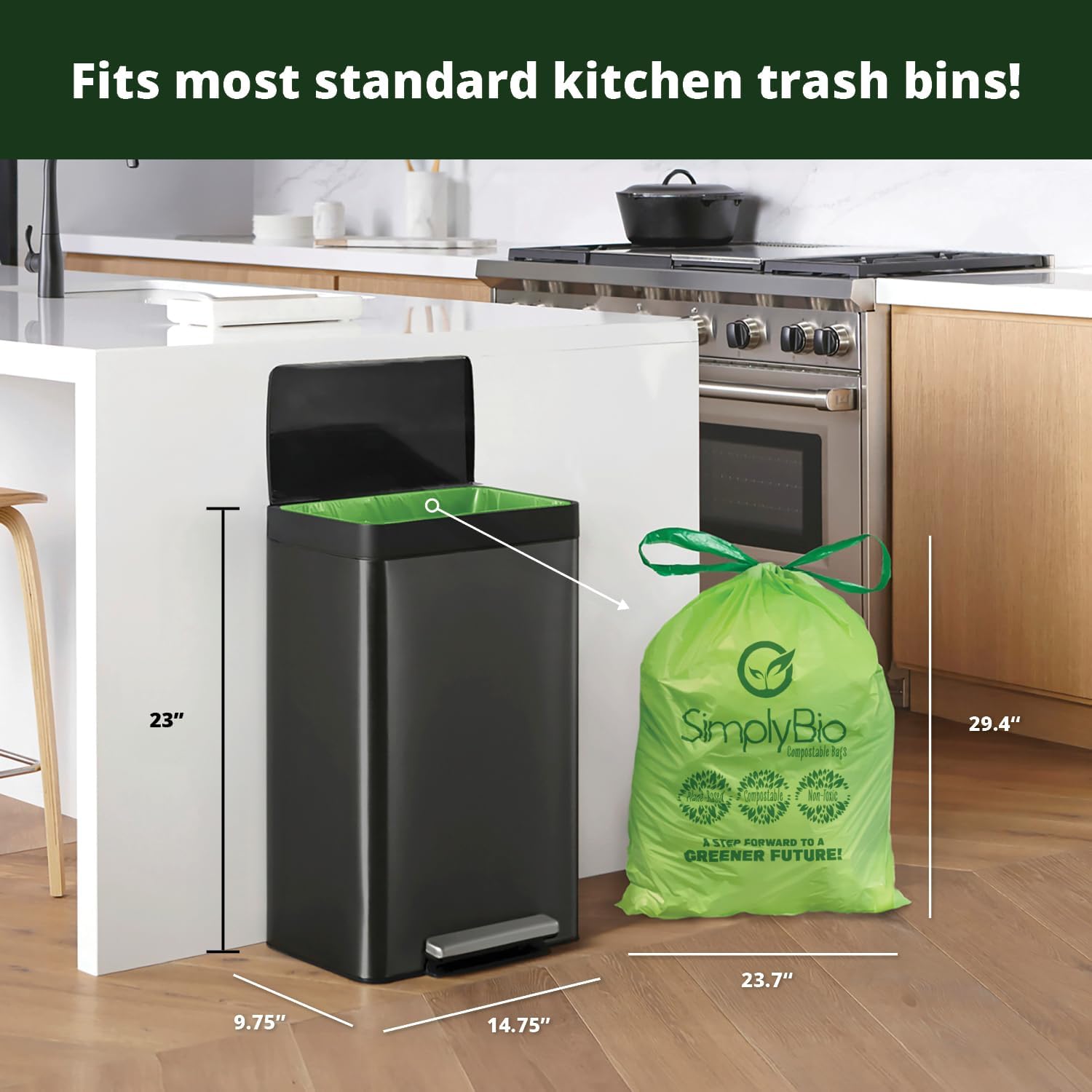 Simply Bio 13 Gallon Compostable Trash Bags Liners Drawstring, Heavy Duty Extra Thick 1 Mil, 49.21