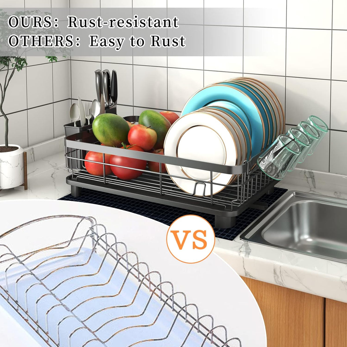 Godboat Dish Drying Rack, Dish Rack with Auto-Drain & Mat, Dish Drainers for Kitchen Counter, Glass