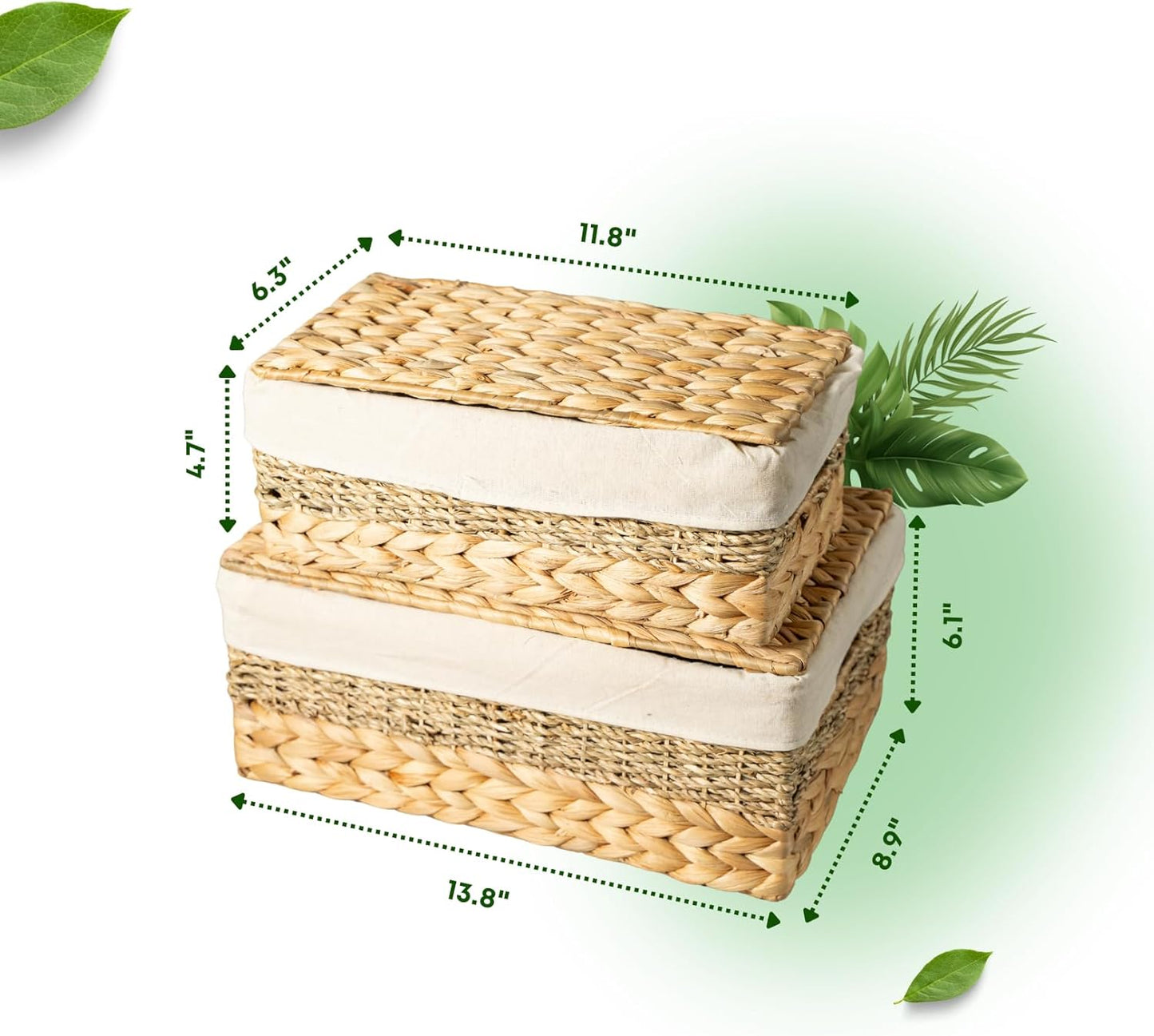 Wicker Storage Baskets with Lid and Lining, Built-in Carry Handles, Set of 2 Handwoven Water