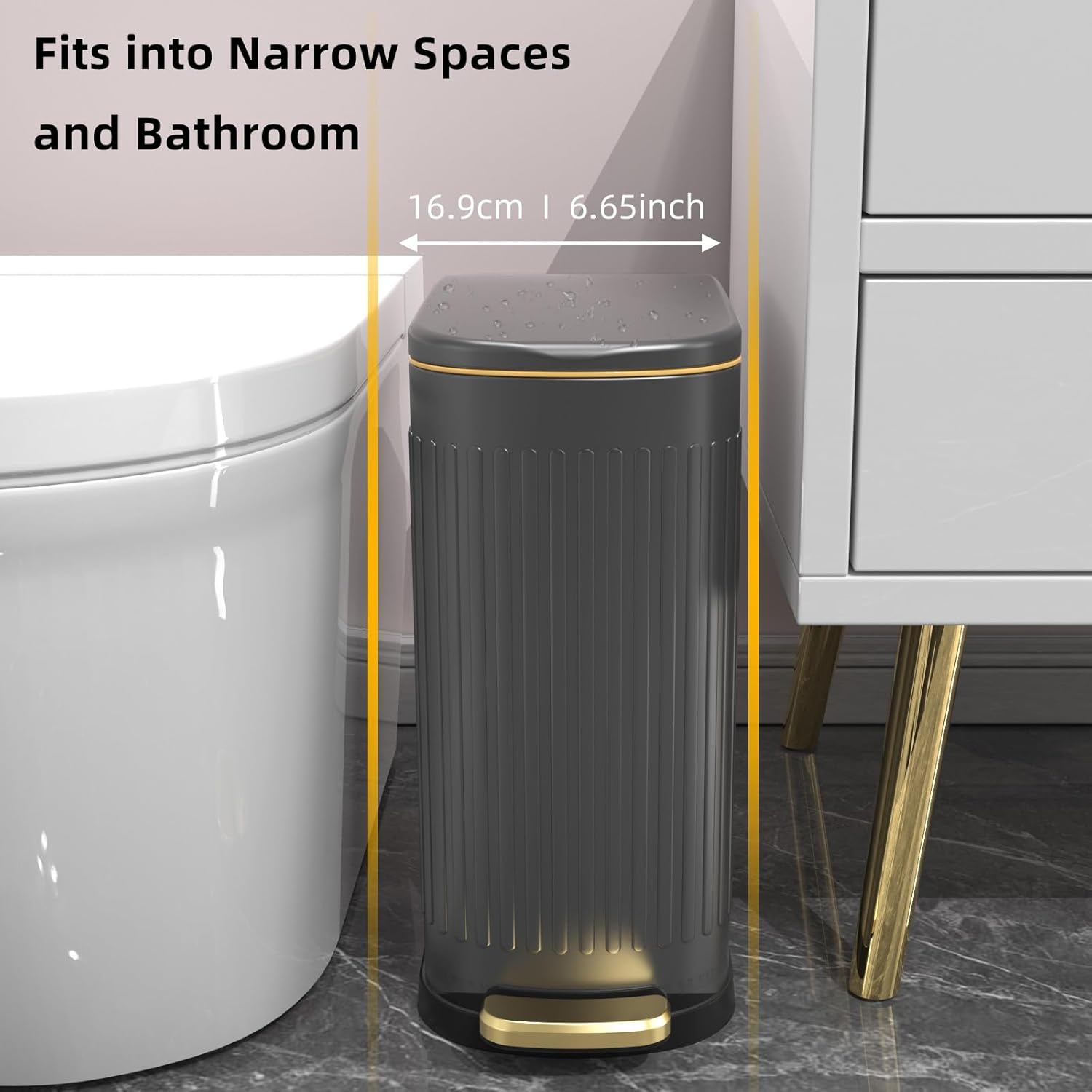 2.6 Gallon Slim Bathroom Trash Can with Soft Close Lid, 10L Stainless Steel Garbage Can with
