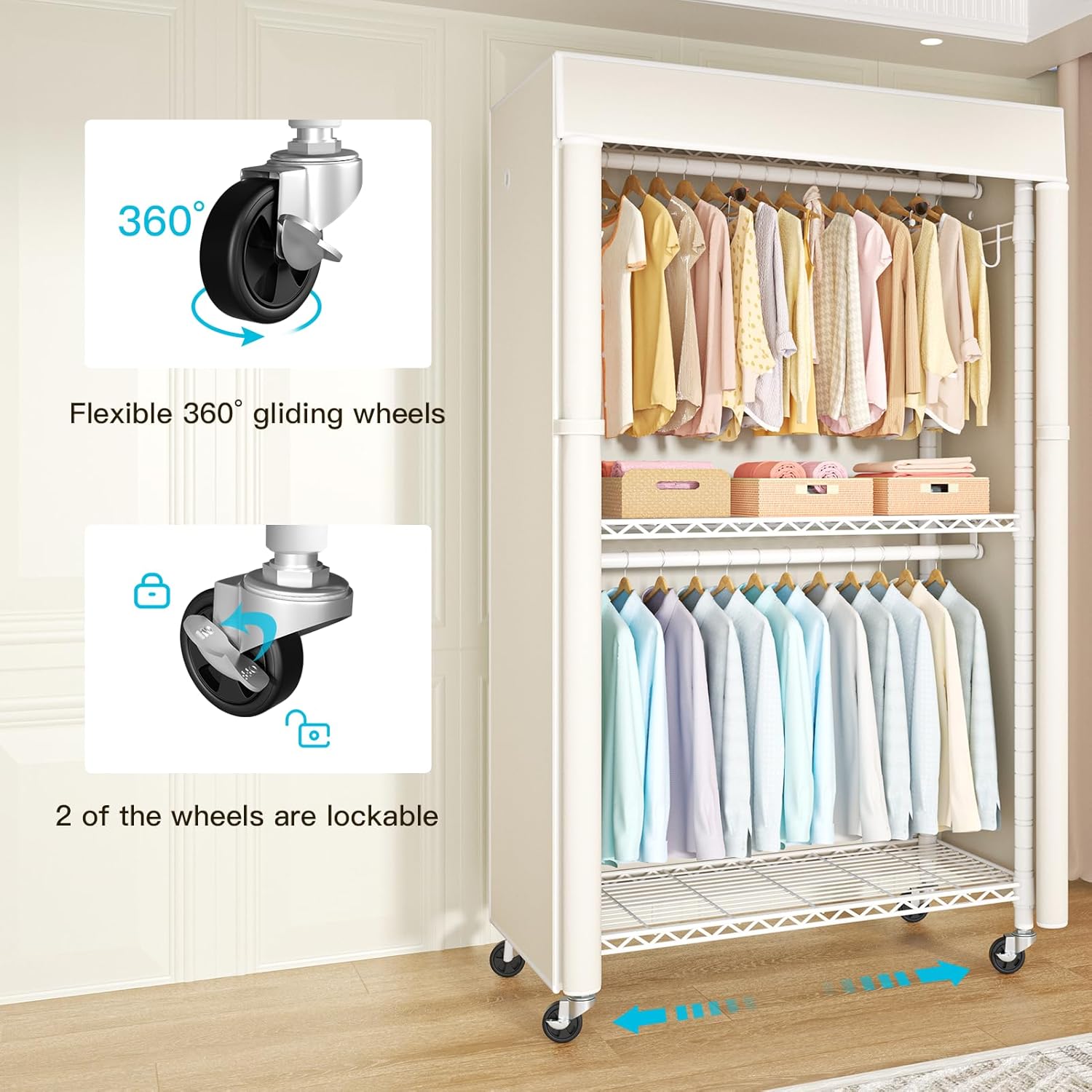 FUTASSI White Clothing Rack with Beige Cover, P1C Rolling Closets with Wheels, Metal Garment Rack