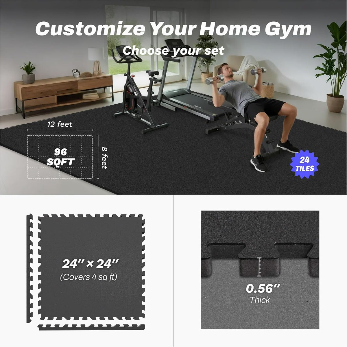 AIRHOP 0.56in Thick 96 Sq Ft Exercise Equipment Mats, 24 Tiles Upgraded Rubber Top with High