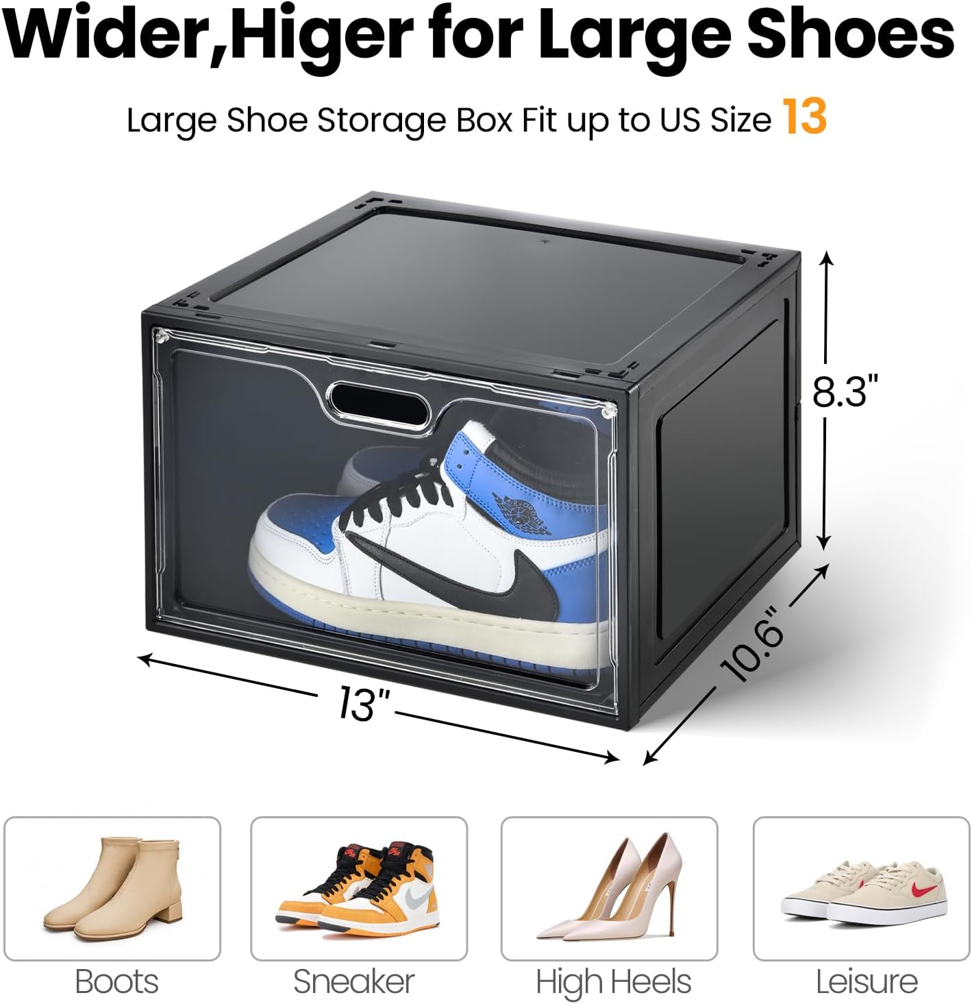 8 Pack Shoe Boxes Black Plastic Stackable, Large Shoe Storage Organizer,Drop Side Front Shoe