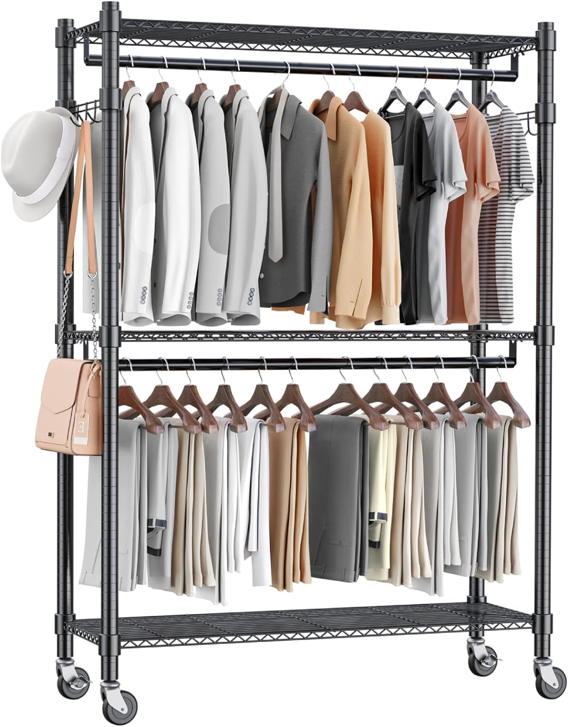 Homdox Rolling Garment Rack with Double Rod, Heavy Duty Clothing Rack with Shelves, Portable