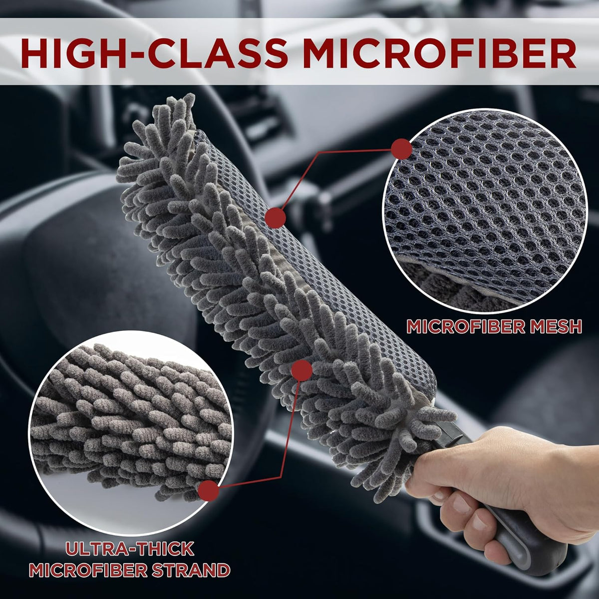 TAKAVU Car Duster Interior - Double-Sided Microfiber with Comfort Handle - Lint & Scratch-Free