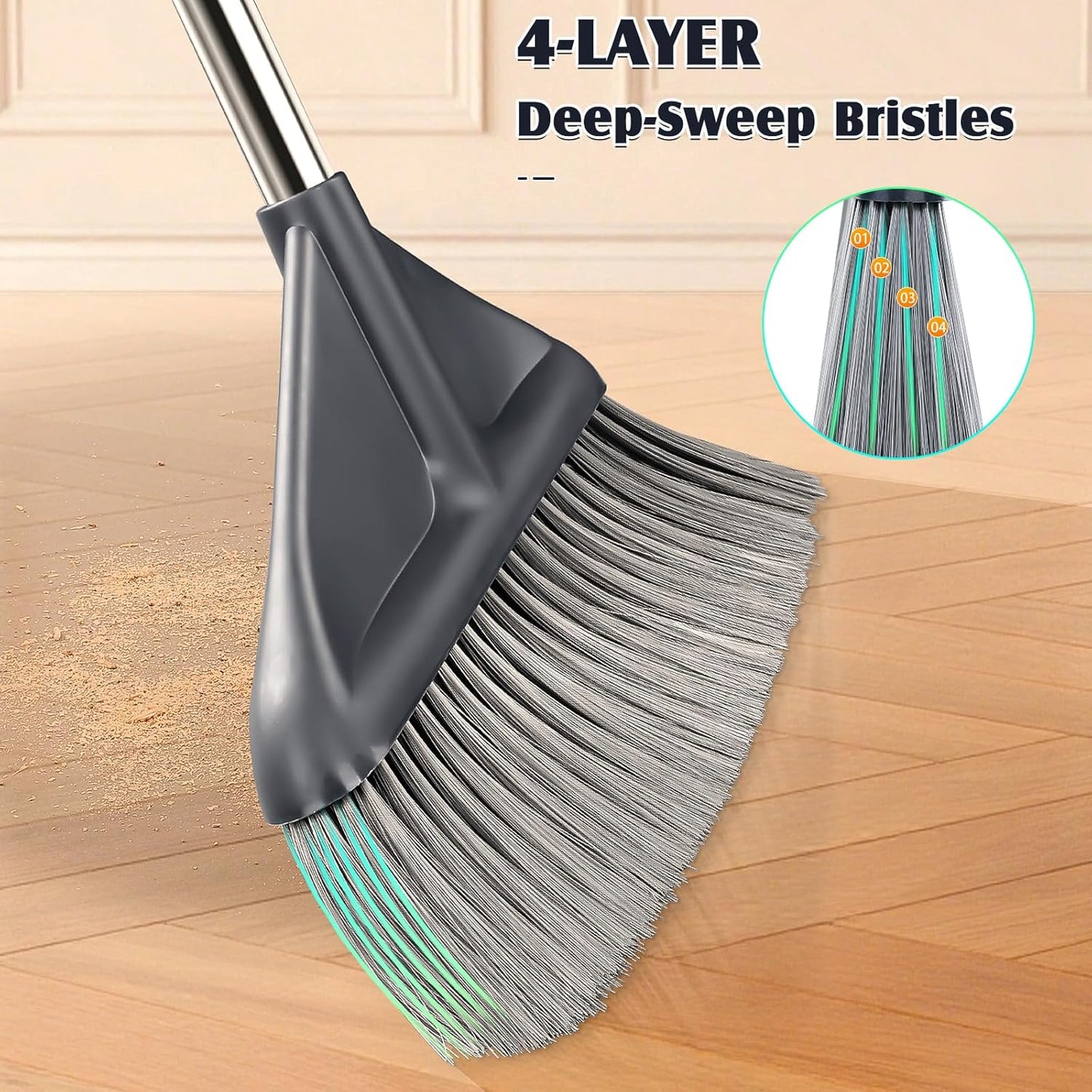Broom and Dustpan Set for Home with 52 Inch Long Angled Handle - Stand Up Dustpan No Warping Metal