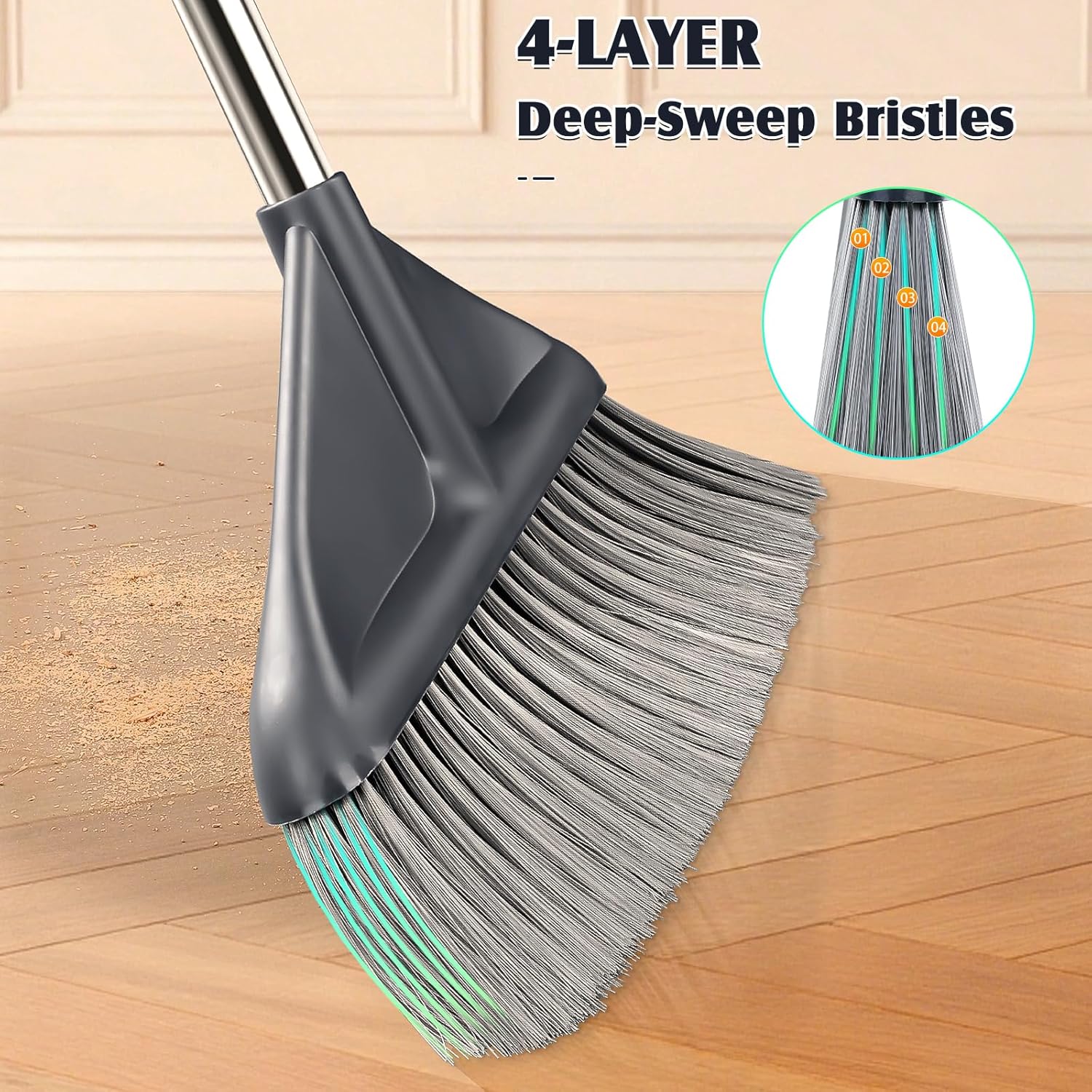 Broom and Dustpan Set for Home with 52 Inch Long Angled Handle - Stand Up Dustpan No Warping Metal