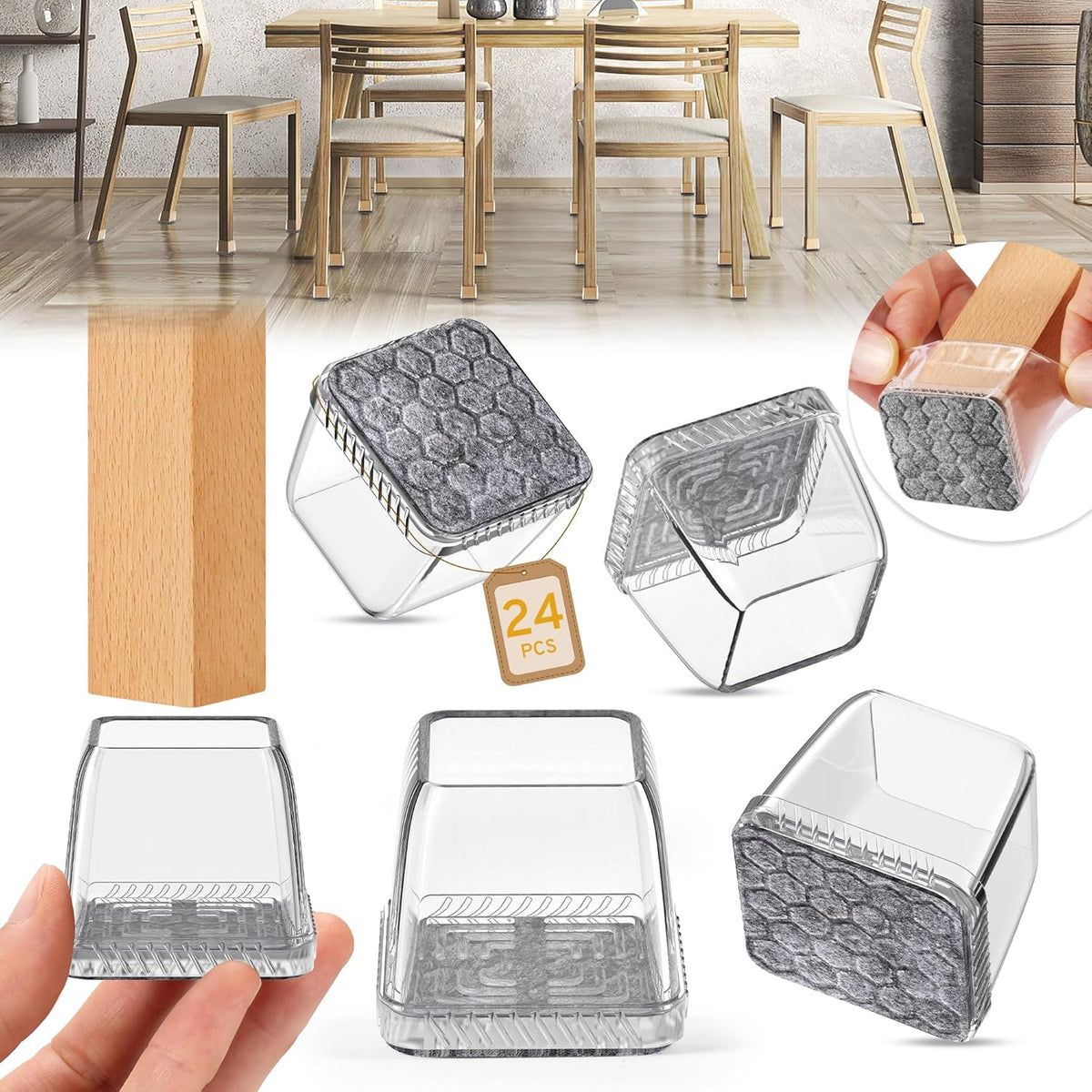 24PCS Square Chair Leg Floor Protectors, Furniture Sliders, Chair Leg Protectors for Hardwood