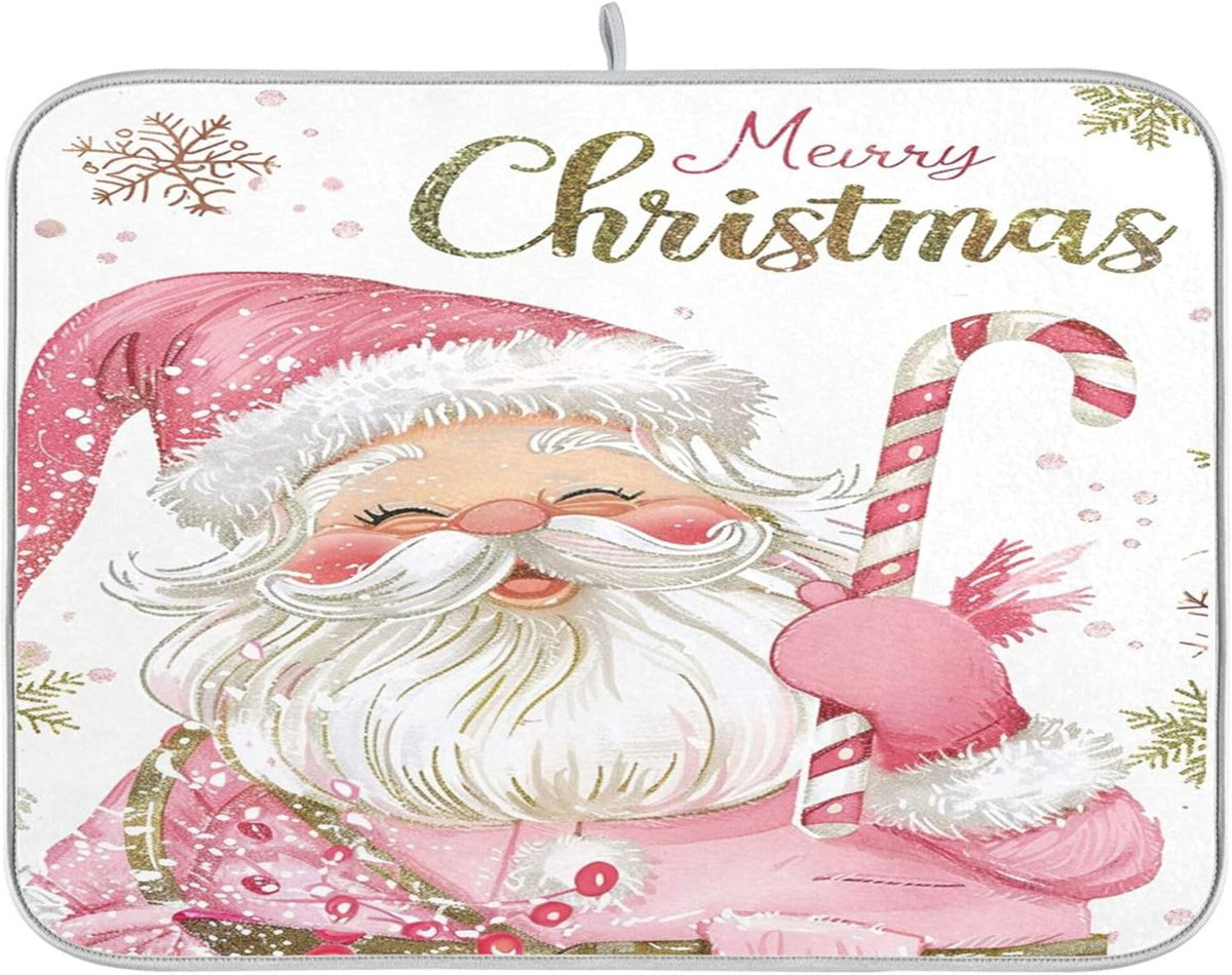 Christmas Santa Claus Pink Dish Drying Mat for Kitchen Countertop 18x24 Xmas Candy Cane Snowflake