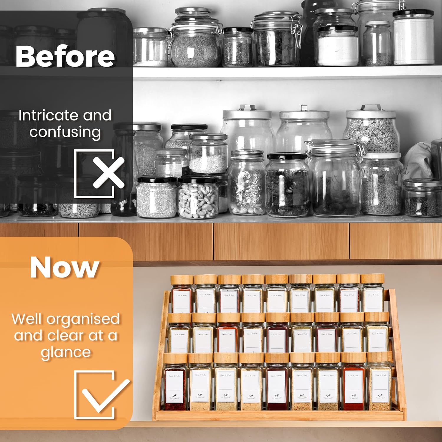 Bamboo Tiered Spice Rack, for Countertop Spice Organizer for Pantry Spice Shelf Organizer Kitchen