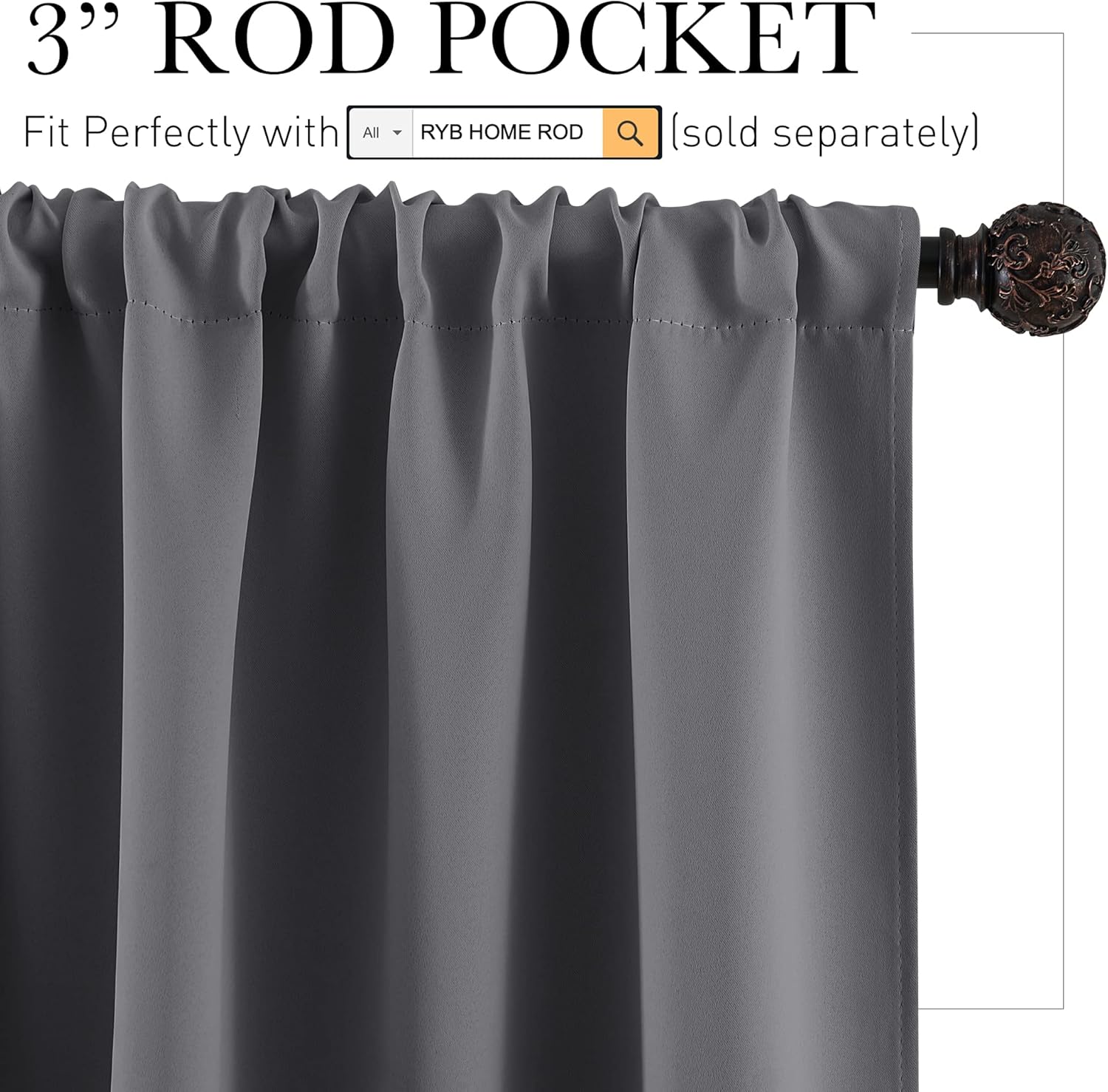 RYB HOME Grey Blackout Curtains - Thermal Insulated Noise Reducing Energy Efficiency Small Window