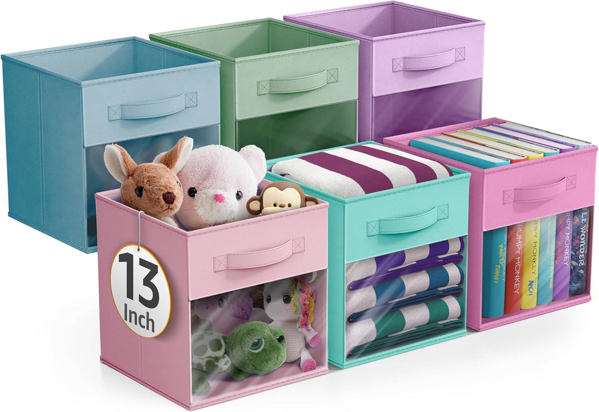 Sorbus 13 Inch Storage Bins with Clear Window - 6 Foldable Baskets for Organizing Clothes, Toys