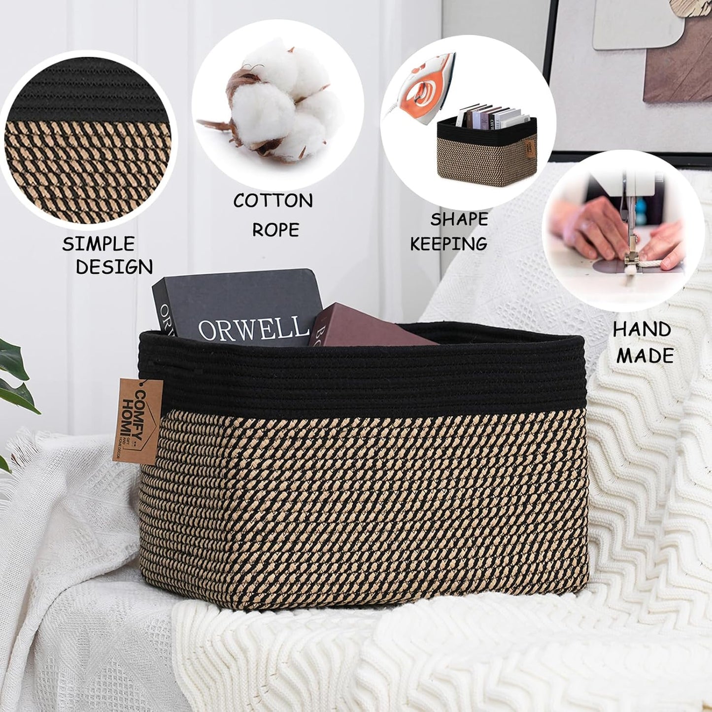 COMFY-HOMI 3PACK Cotton Rope Square Basket with Handles for Shelves|Dog Toy Bin and Storage|Baby