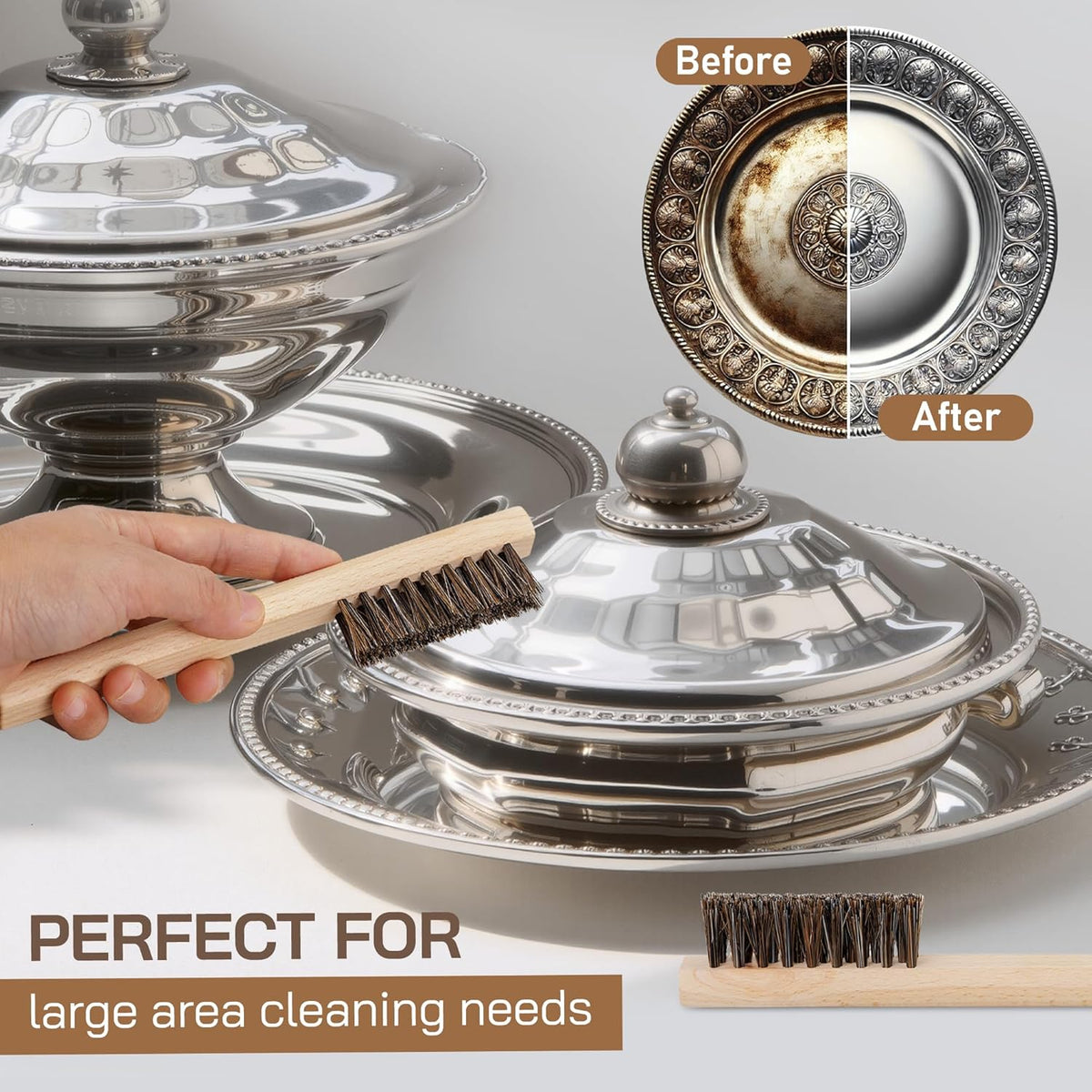 TAKAVU Horsehair Detail Brush Set, Silver Cleaning Brushes & Polish Cloth for Silverware Plateware