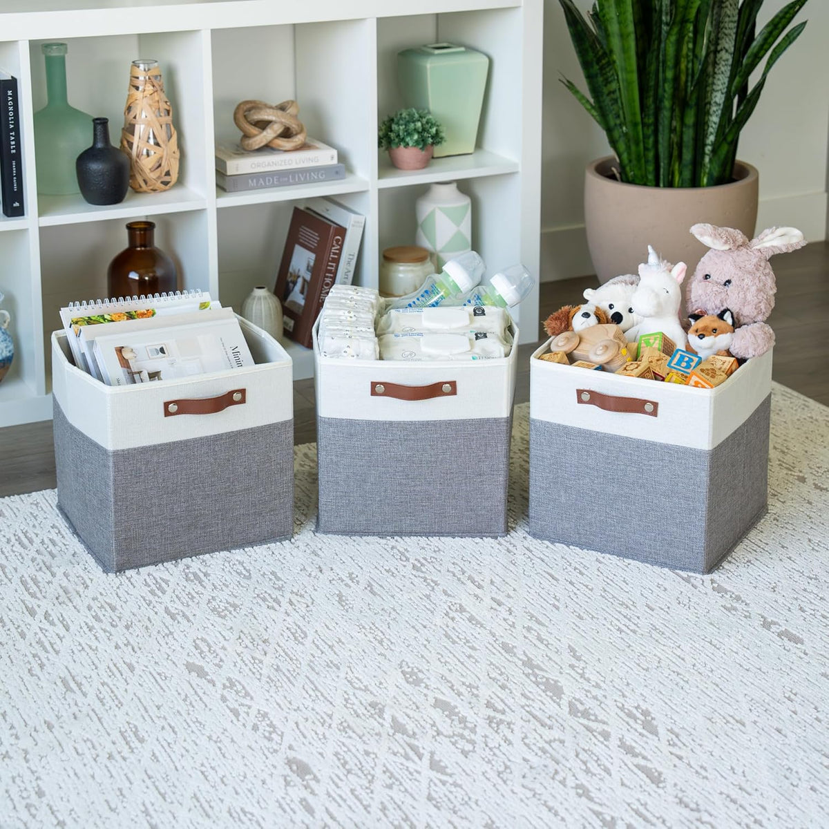 OrganiHaus 12x12 Fabric Storage Bins - Set of 4, Cube Fabric Organizer Bins with Vegan Handles