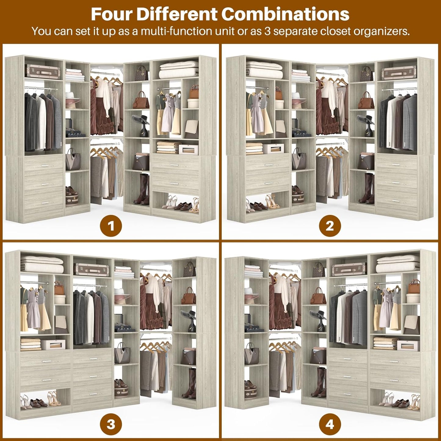 Corner Closet System with 5 Drawers, Closet Organizer System with 15+Shelvess & 4 Hanging Rods