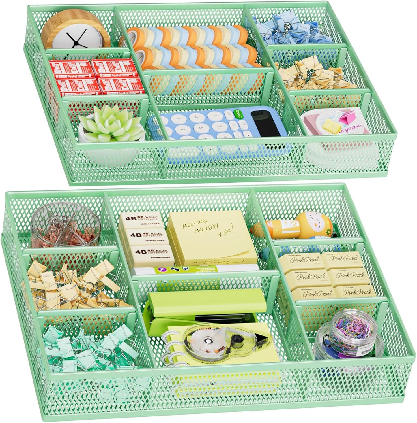 Marbrasse 2 Pack Desk Drawer Organizer, Mesh Drawer Organizer Tray with 8 Adjustable Compartments