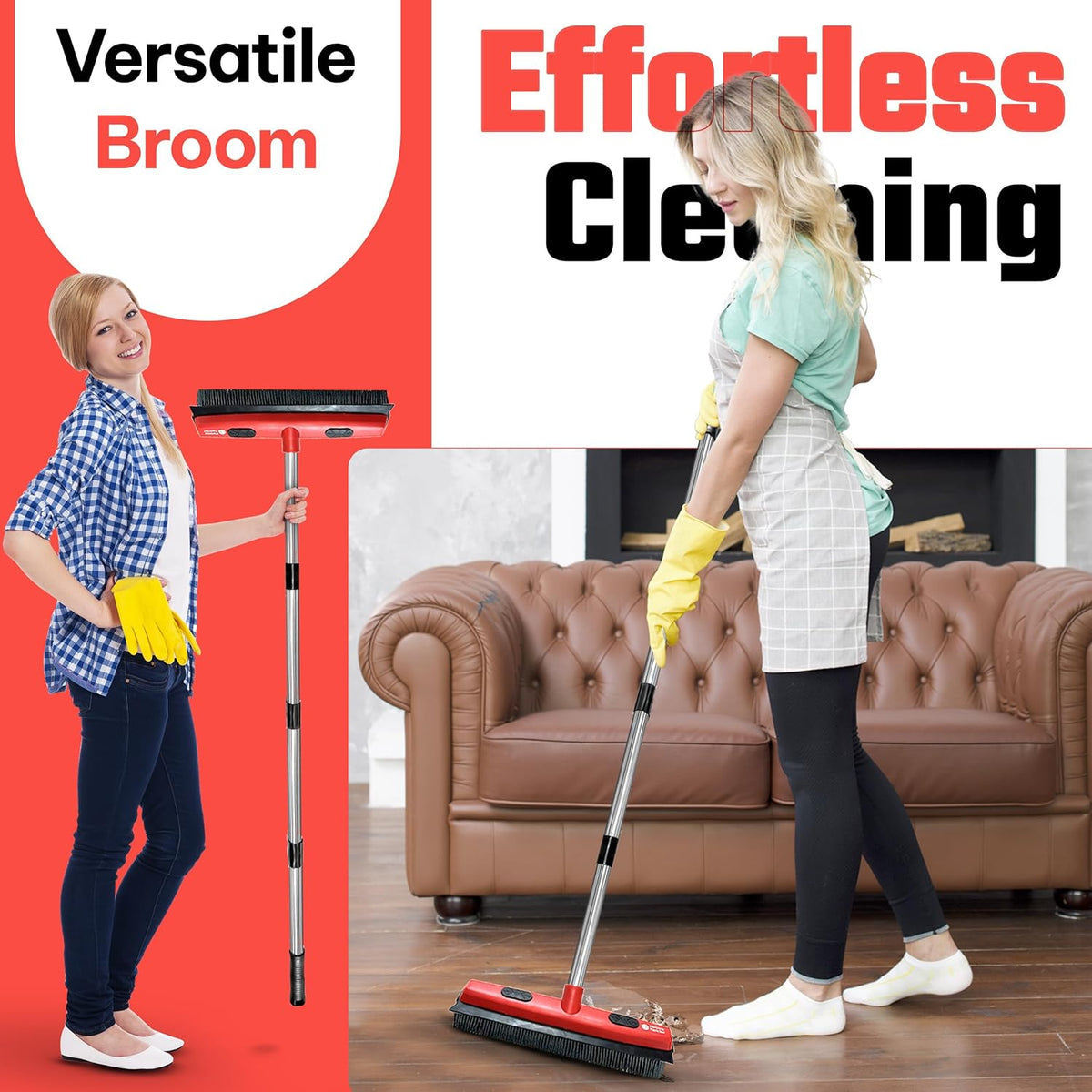 Hybrid Dog Pet Hair Removal Broom with Squeegee – Adjustable Handle Rubber Broom for Pet Hair on